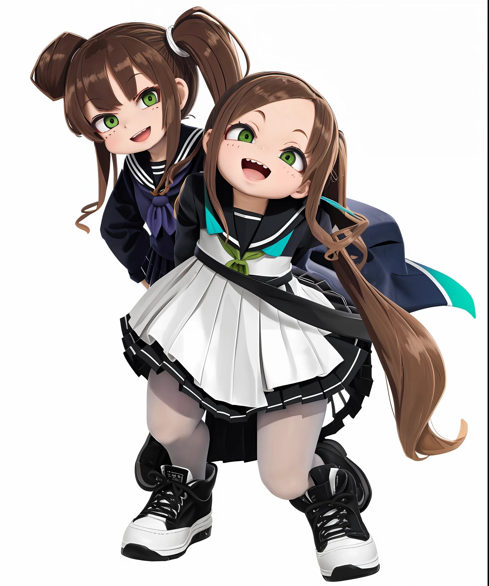 (from above: 1.4), POV, (head up: 1.2), bright, (head down: 1.2),
Solo, 1 girl, Megaki, shiny skin,
Standing, (bent over: 1.2) with your arms behind your back,
Brunette hair, side ponytail,
Green eyes, (half-closed eyes: 1.2),
:D, (giggle, naughty face: 1.2), upper teeth, skin teeth,
serafuku, short sleeves, pleated skirt, pantyhose, sneakers,