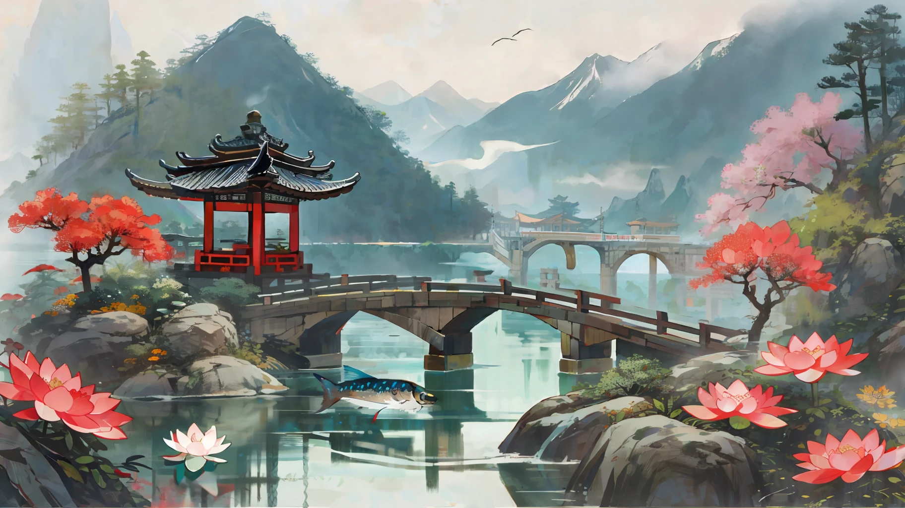 huaniao, flowers and birds, white background x1.5, chinese style, flowers, fish, beautiful details water, no man, surrounded by mountains, mountains, and smoke rising, flowers and birds, surrounded by mountains, mountains, waterfalls, beautiful details water, lake water, lotus flowers and leaves, boats, pine trees, octagonal stone pavilion, arch bridge.
