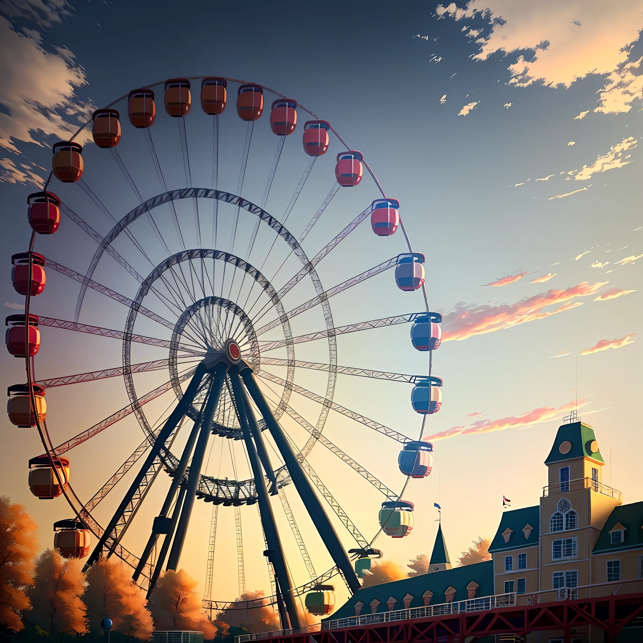 (best quality, masterpiece, ultra-detailed, extremely detailed CG unity 8k wallpaper), an amusement park, vibrant atmosphere, lively energy, dynamic rides, (roller coasters AND Ferris wheels):1.3