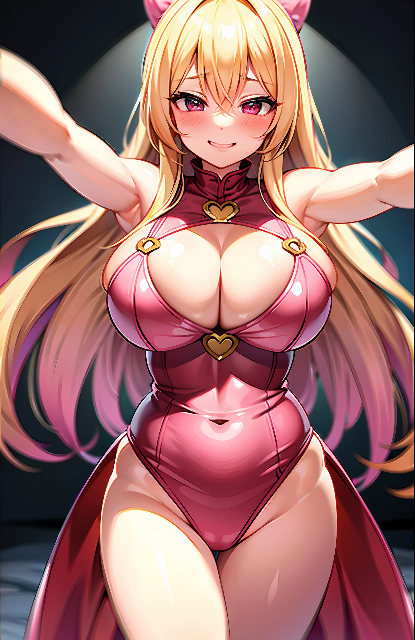 Blonde long hair, f-cup, pink latex, smiling, (blushing face:1.4), cowboy shot
