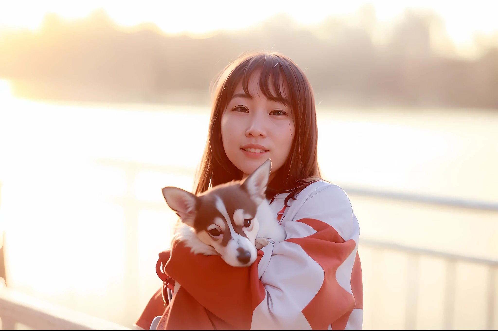 there is a woman holding a small dog in her arms, chiho, gemma chen, louise zhang, bright sunny day, xintong chen, with sunset, avatar image, li zixin, profile image, sakimichan, at golden hour, profile picture 1024px, author li zhang, lofi portrait, wenfei ye, lulu chen