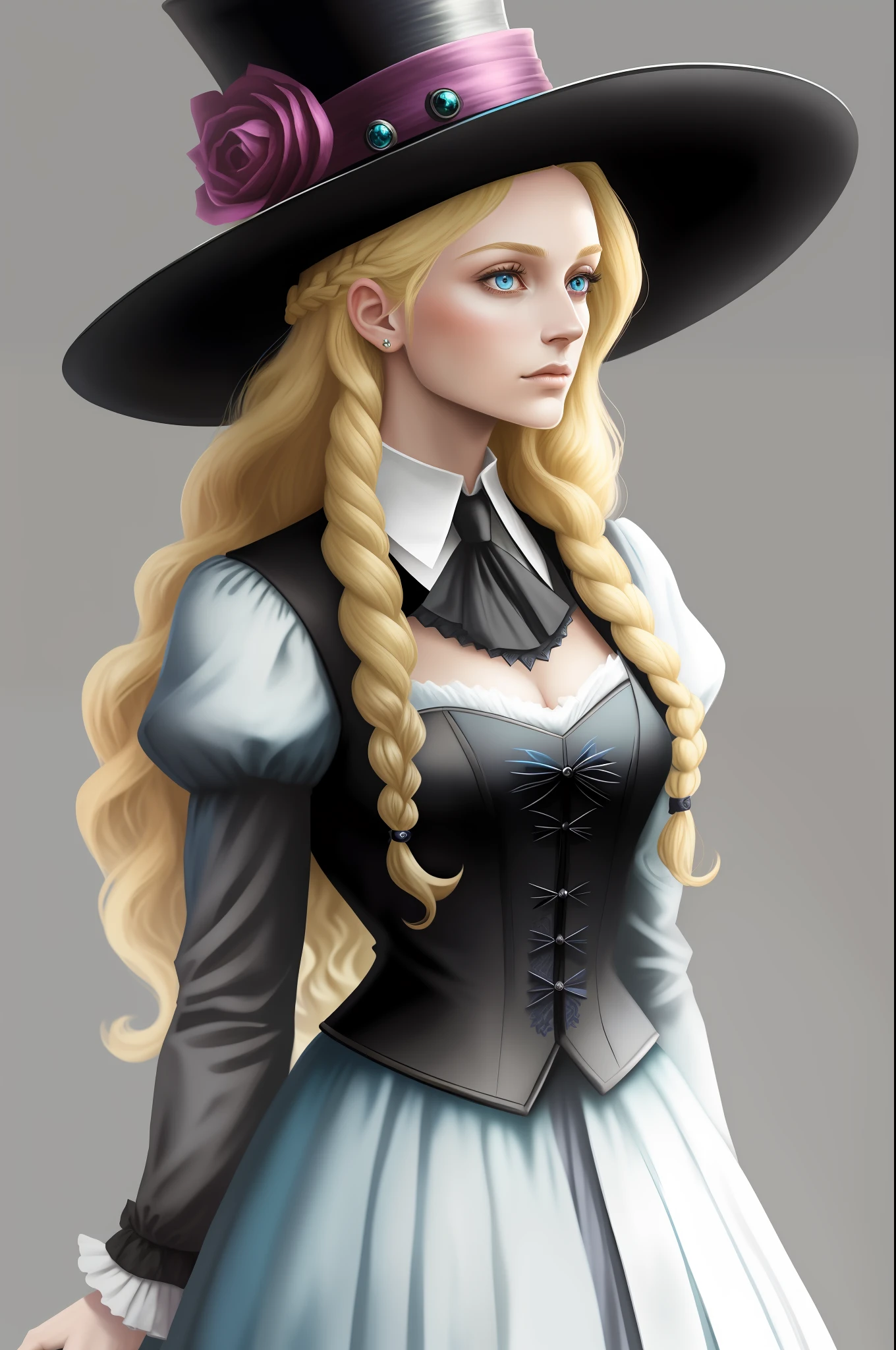 Two-dimensional, medieval, European, female, maiden, curly, blonde hair, blue eyes, single ball-braided, black gentleman's top hat, black suit, pleated neckline with emeralds