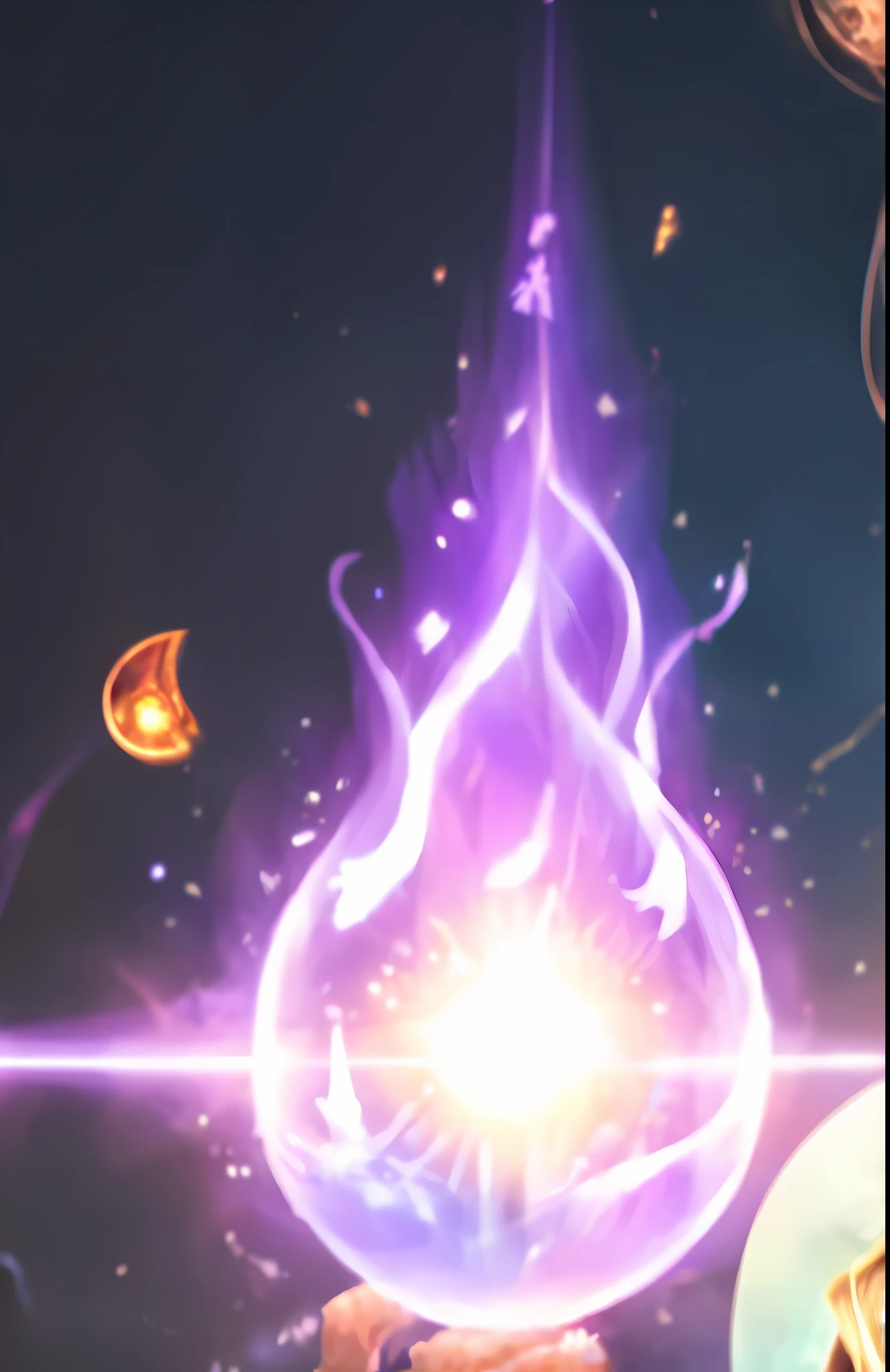 anime girl holding a crystal ball with a glowing light in her hand, purple fire around magic arena, purple fire powers fire swirling, holy fire spell art, holy flame crown spell, holy flame spell, concept art magical highlight, flame spell, purple fire, fire powers fire swirling, a portal to the lost flame realm, solar flare unreal engine