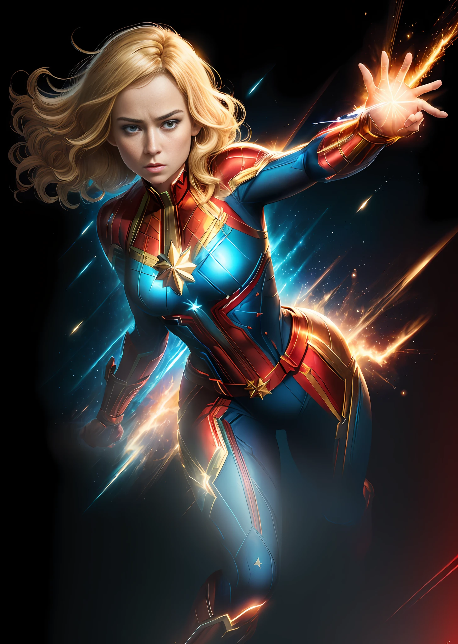 (high resolution, ultra-detailed, best quality) Sexy Captain Marvel Brie Larson poster, (dynamic pose, bold and confident expression),(((1girl)),short blonde hair, blue eyes, red and gold outfit), glowing energy aura around body, vibrant color palette.