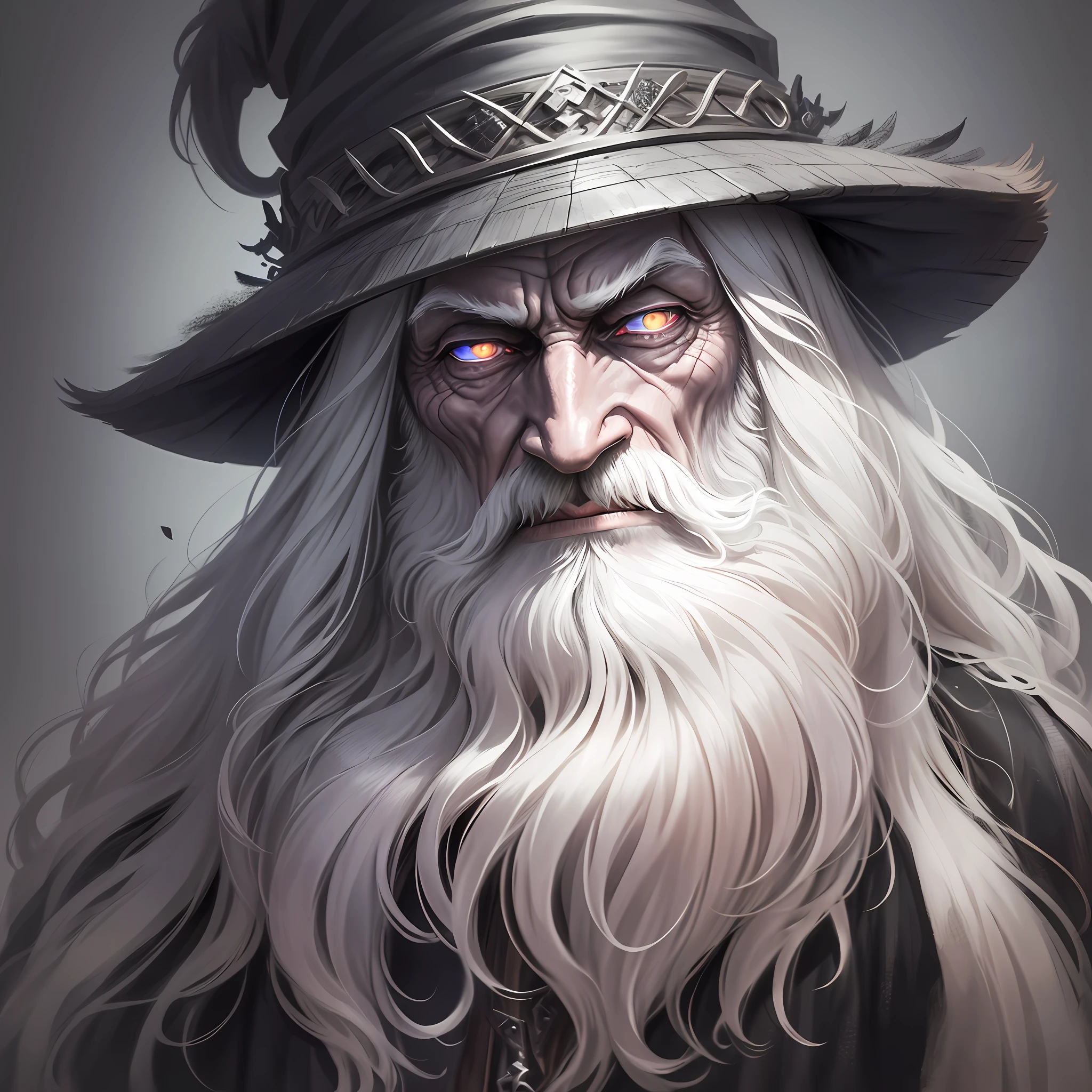 (Detailed drawing of an evil old Irish wizard in a long beard, portrait: 1), detailed, historical illustration, Gothic, magic, surreal, 8k, European, (creepy), white hair, old face, terrible, haunted demon Merlin --v 6