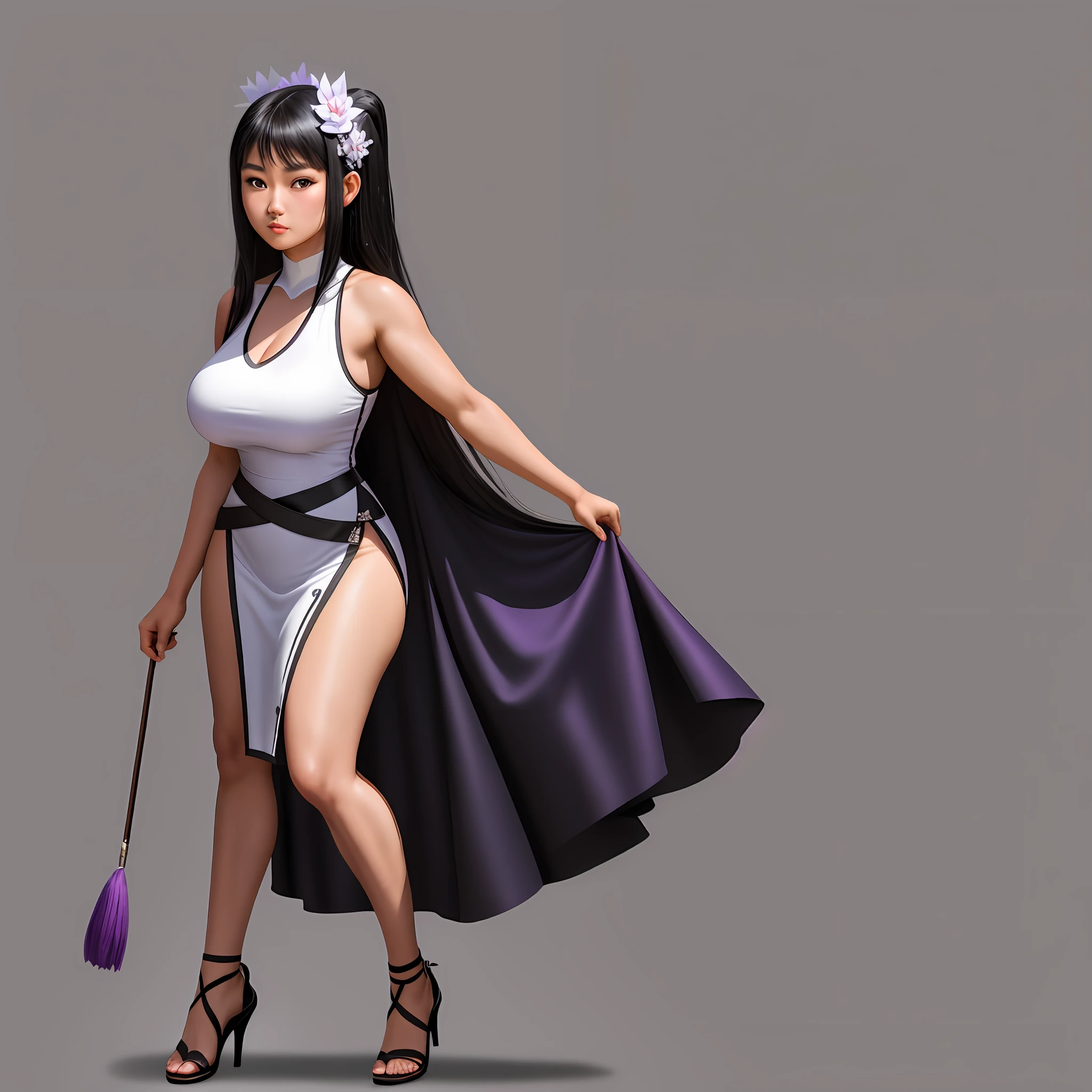 full body, masterpiece, wide shot, best quality, solo balinese woman 18 years old, black hair, muscular arms, purple eyes, big boobs, big ass, white thighs, height 200cm, wears open short black dress, wears high heels  , carrying a whip in his hand, party background, looking at the camera