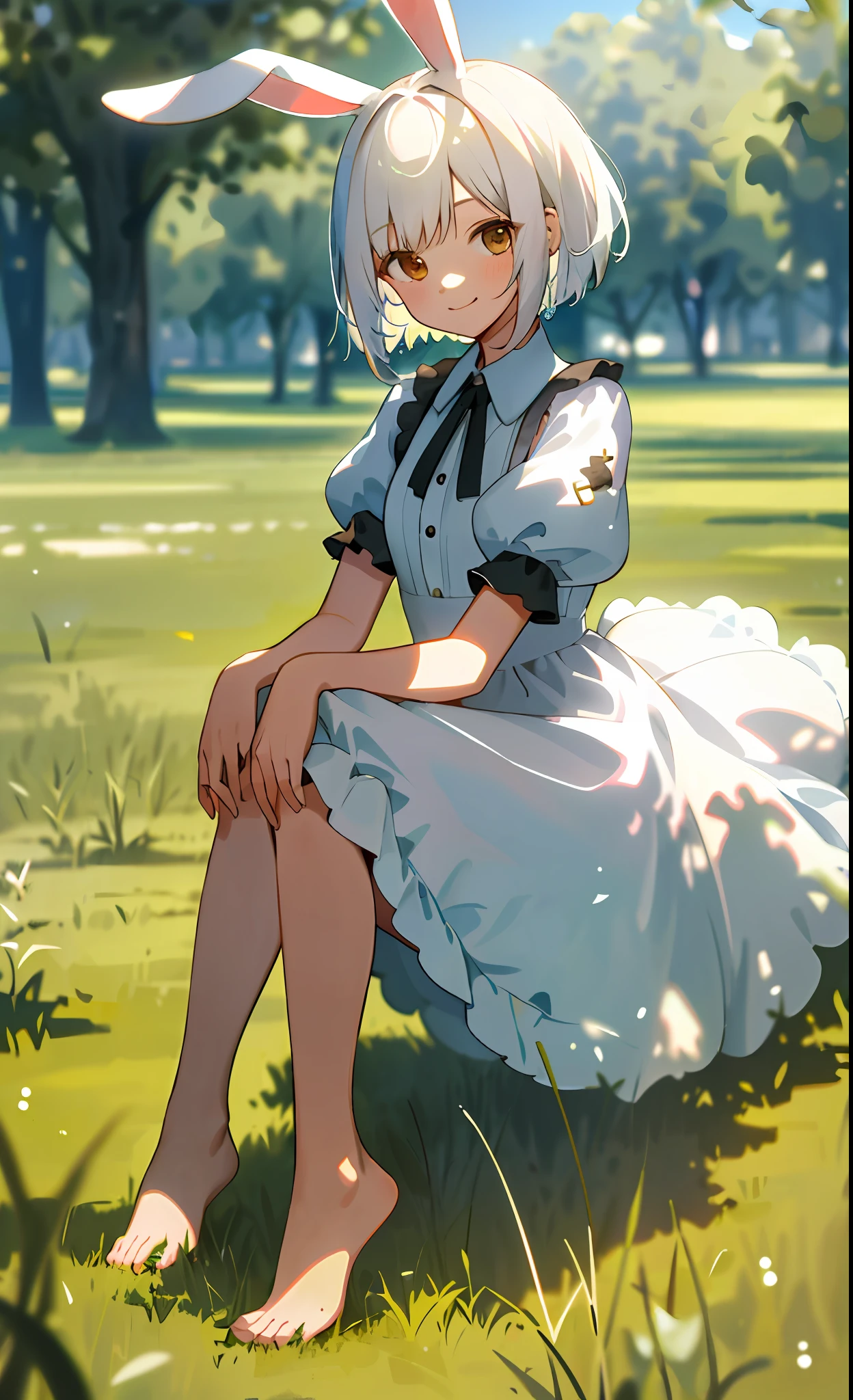 ((masterpiece,best quality)),1girl, solo, animal ears, rabbit, barefoot, knees up, dress, sitting, rabbit ears, short sleeves, looking at viewer, grass, short hair, smile, white hair, puffy sleeves, outdoors, puffy short sleeves, bangs, on ground, full body, animal, white dress, sunlight, brown eyes, dappled sunlight, day, depth of field