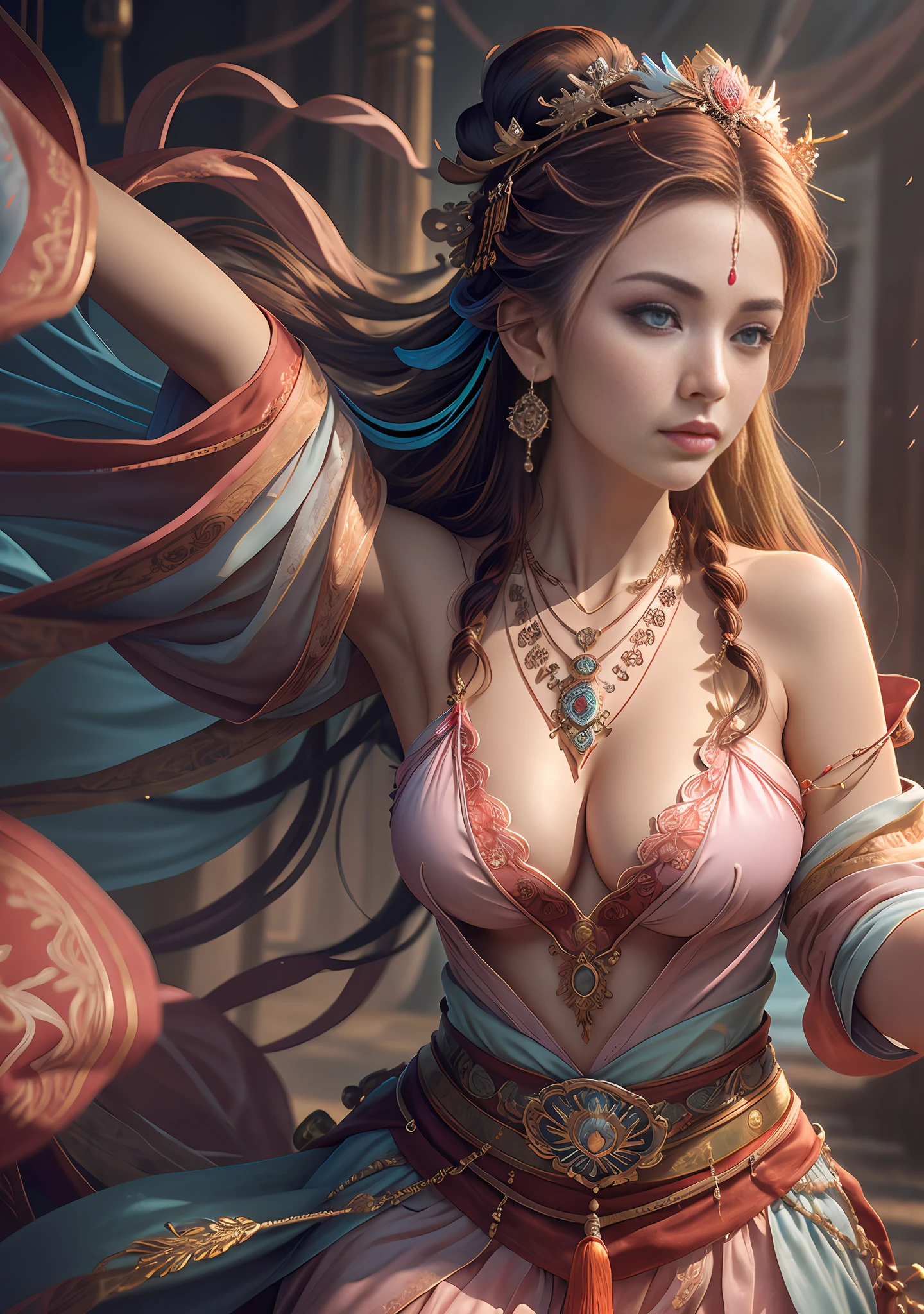 Best quality,masterpiece,ultra-detailed high res,(photorealistic:1.4),raw photo,,illustration,
1girl dancing,(solo:1.2),(cowboy shot:1.2),(hair crown:1.2),Traditional chinese dunhuang style clothes,Strapless,(red eyeliner:1.2),(big breasts:1.4), (v-neck:1.5), (big necklace:1.4), lace armour, (beautiful eyes :1.4), looking at viewer, earrings,dynamic angle,Opera House,messy_long_hair,ink,cinematic lighting,lens_flare,Velvet,chrysanthemum,Tassel,Ribbon,color embroidery, white gold pink blue violet