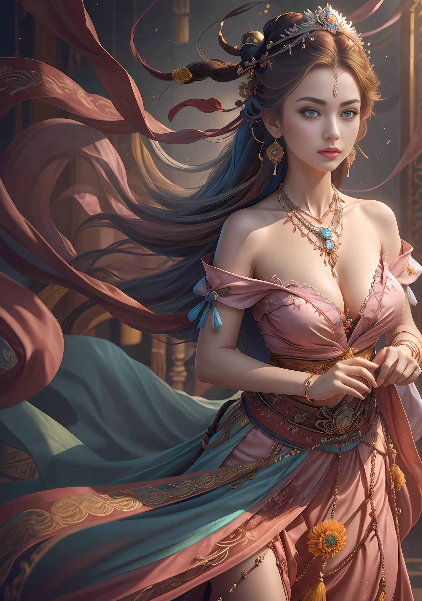 Best quality,masterpiece,ultra-detailed high res,(photorealistic:1.4),raw photo,,illustration,
1girl dancing,(solo:1.2),(cowboy shot:1.2),(hair crown:1.2),Traditional chinese dunhuang style clothes,Strapless,(red eyeliner:1.2),(big breasts:1.4), (v-neck:1.5), (big necklace:1.4), lace armour, (beautiful eyes :1.4), looking at viewer, earrings,dynamic angle,Opera House,messy_long_hair,ink,cinematic lighting,lens_flare,Velvet,chrysanthemum,Tassel,Ribbon,color embroidery, white gold pink blue violet
