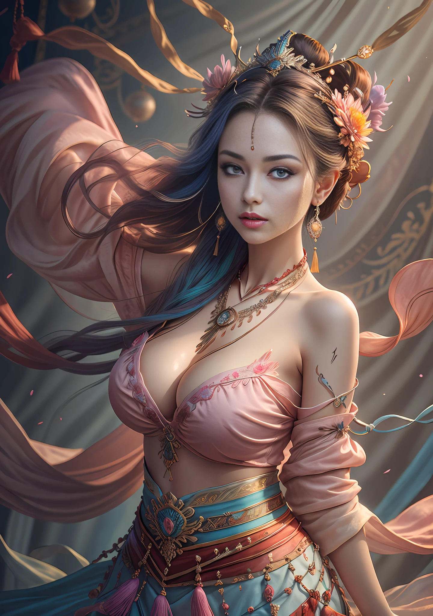 Best quality,masterpiece,ultra-detailed high res,(photorealistic:1.4),raw photo,,illustration,
1girl dancing,(solo:1.2),(cowboy shot:1.2),(hair crown:1.2),Traditional chinese dunhuang style clothes,Strapless,(red eyeliner:1.2),(big breasts:1.4), (v-neck:1.5), (big necklace:1.4), lace armour, (beautiful eyes :1.4), looking at viewer, earrings,dynamic angle,Opera House,messy_long_hair,ink,cinematic lighting,lens_flare,Velvet,chrysanthemum,Tassel,Ribbon,color embroidery, white gold pink blue violet