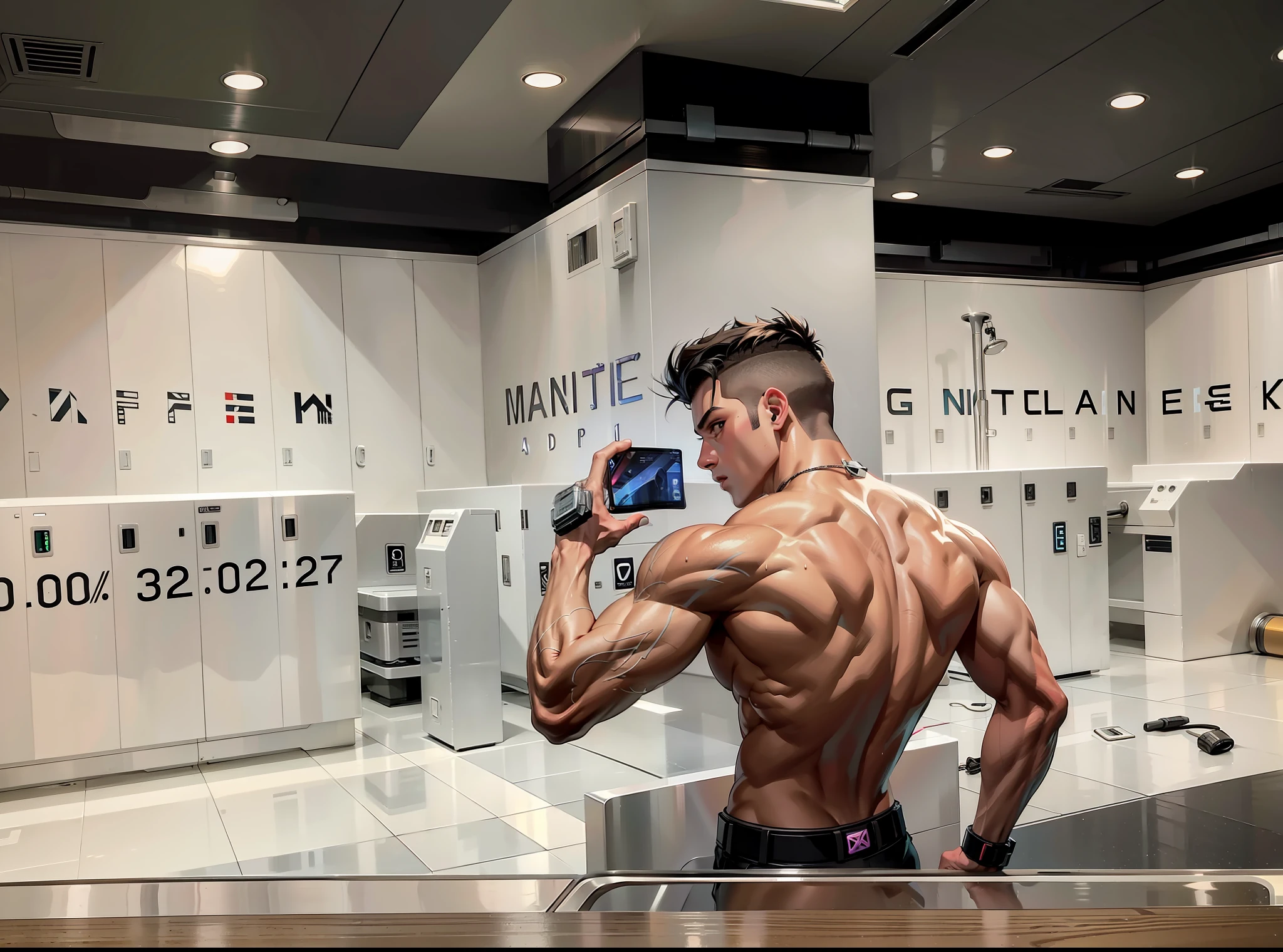 (Muscle), Best Quality, 18 Year Old Man, Handsome, Cyberpunk Scene, Cyberpunk, Mechanized Body, Mecha Arm,