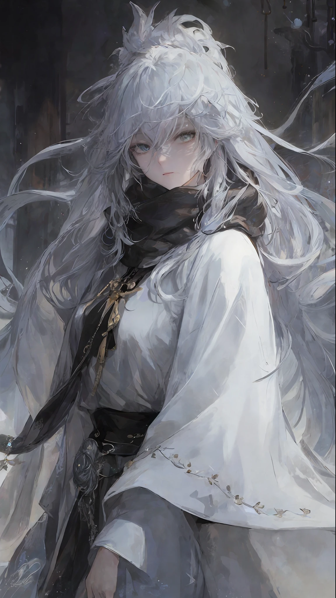 a close up of a woman with a white hair and a black scarf, a character portrait by Yang J, pixiv contest winner, fantasy art, white haired deity, beautiful character painting, artwork in the style of guweiz, the piercing stare of yuki onna, guweiz, with white long hair, with long white hair, flowing hair and long robes