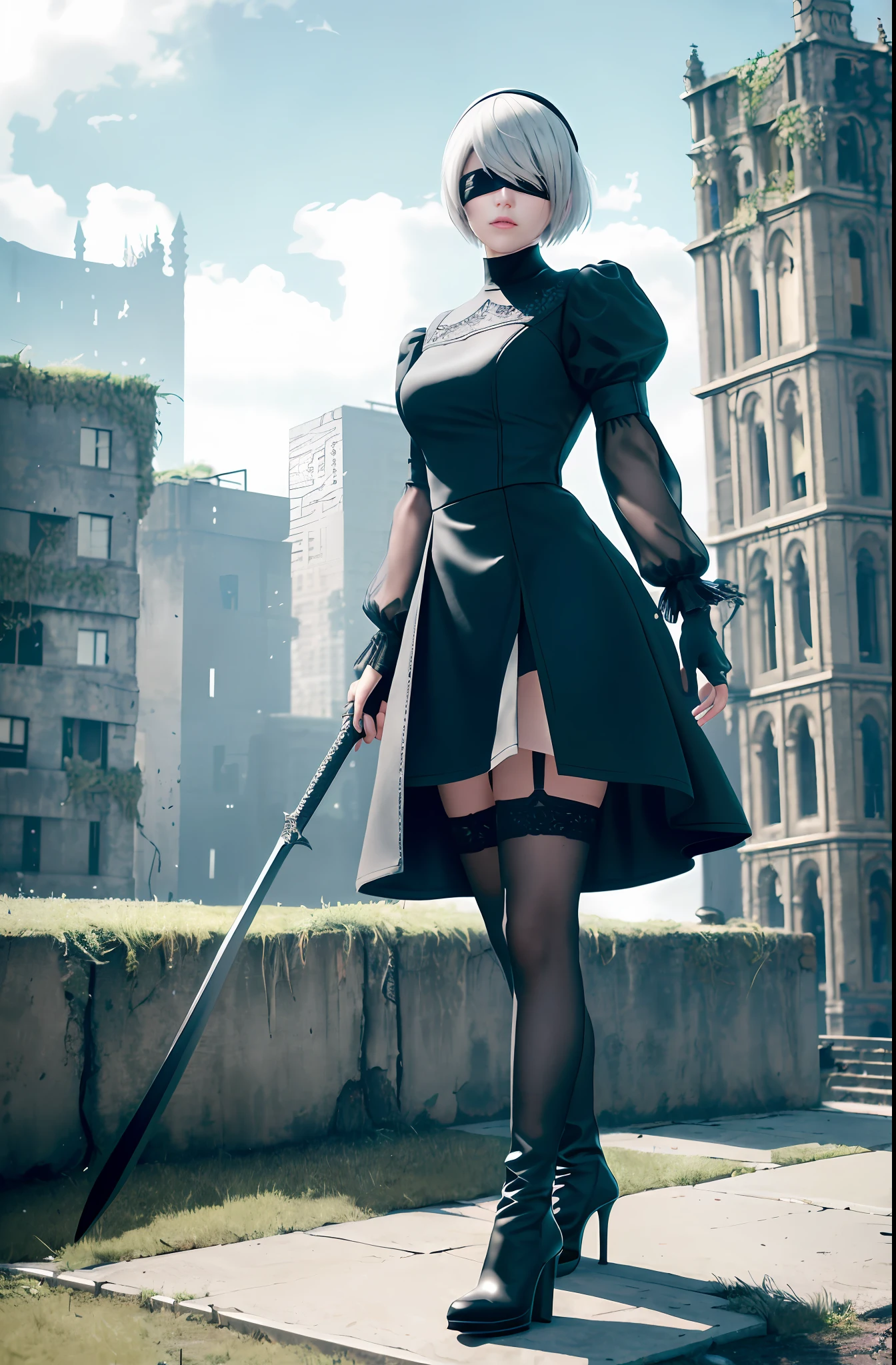 Masterpiece, (Realisticity: 1.4), Best Quality, Beautiful Lighting, Yorha Number. 2 type b, 1girl, split skirt, black eye mask, black dress, black headband, eye mask, blue sky, boots, architecture, city, cloud, blindfold, shard, dress, feather trim sleeves, feather trim, from below, gloves, grass, headbands, high heels, high heels, high resolution, juliet sleeves, katana, leather, leather boots, long sleeves, nier (series), nier automata, outdoor, overgrown, post-apocalypse, puddles, fluffy sleeves , rubble, ruins, landscape, sky, boots, stockings, stockings, water RAW photos, 8k uhd, film grain