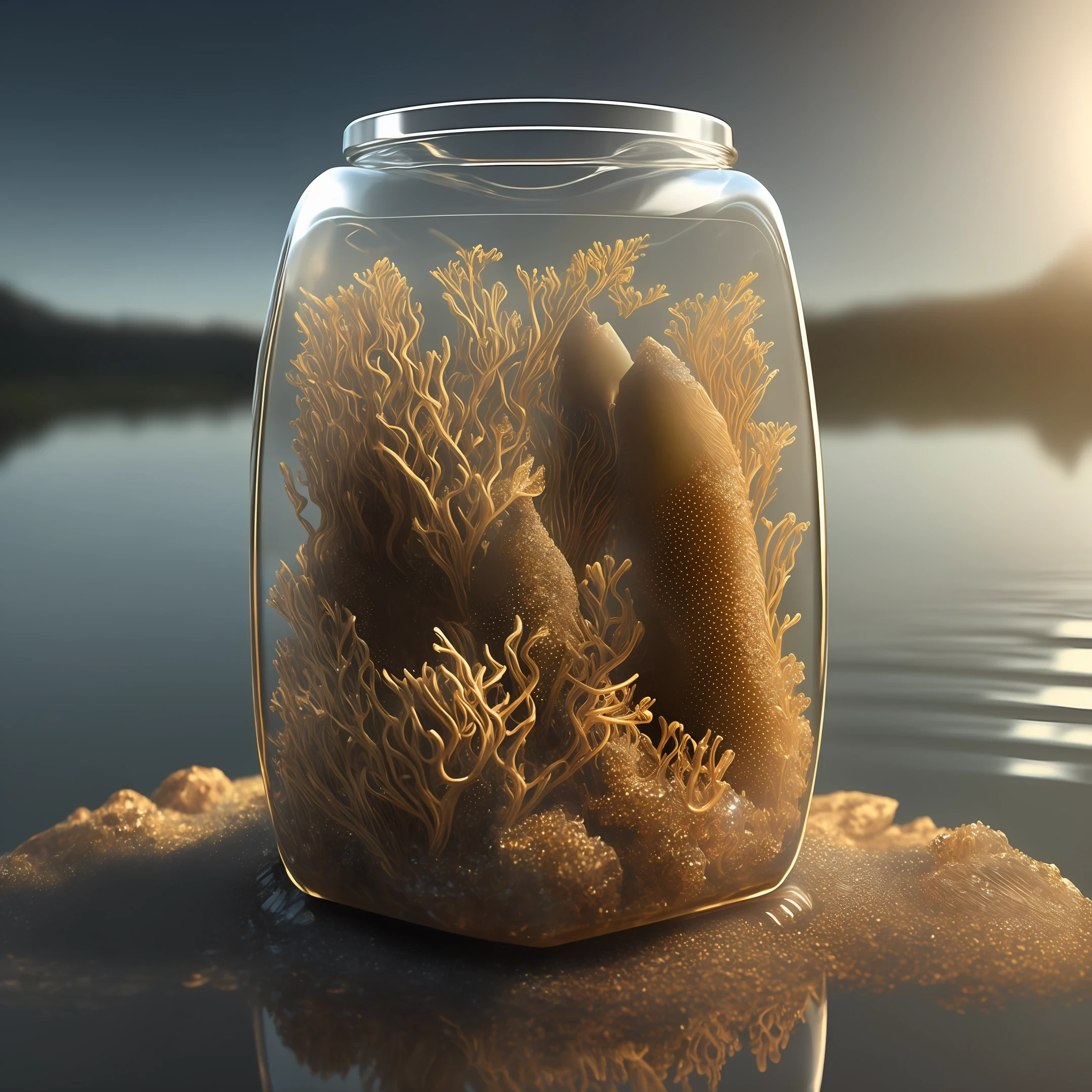 hyperdetailed glowing anthill in a hyperdetailed crystal jar in a lake detailed contrast