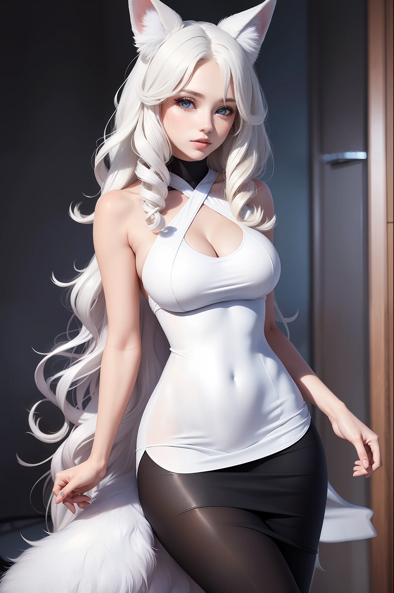 Women with ,golden curly hair,Blue eyes,white fox ears,,black tight dress