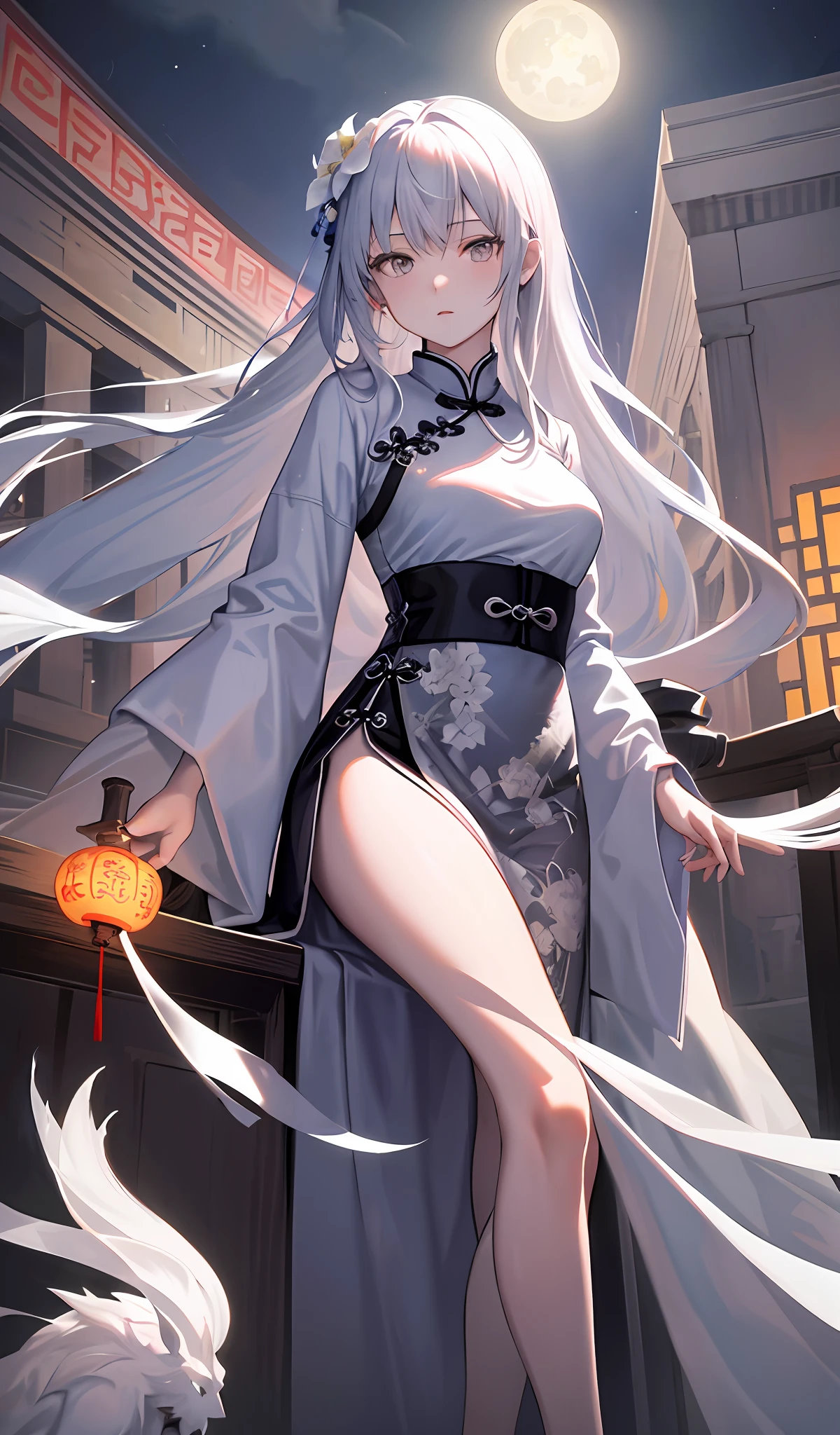 Masterpiece, Best, Night, Full Moon, 1 Female, Mature Woman, Chinese Style, Ancient China, Elder Sister, Royal Sister, Cold Face, Expressionless, Silver White Long Haired Woman, Pale Pink Lips, Calm, Intellectual, Three Belts, Gray Hitomi, assassin, dagger, flower ball background, street view