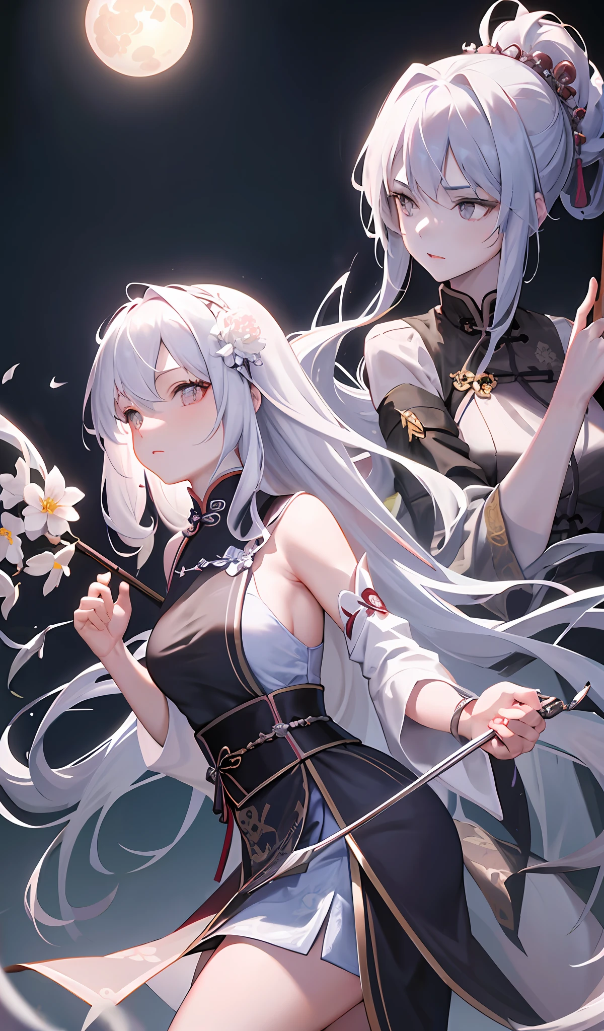 Masterpiece, Best, Night, Full Moon, 1 Female, Mature Woman, Chinese Style, Ancient China, Elder Sister, Royal Sister, Cold Face, Expressionless, Silver White Long Haired Woman, Pale Pink Lips, Calm, Intellectual, Three Belts, Gray Hitomi, assassin, dagger, flower ball background, street view