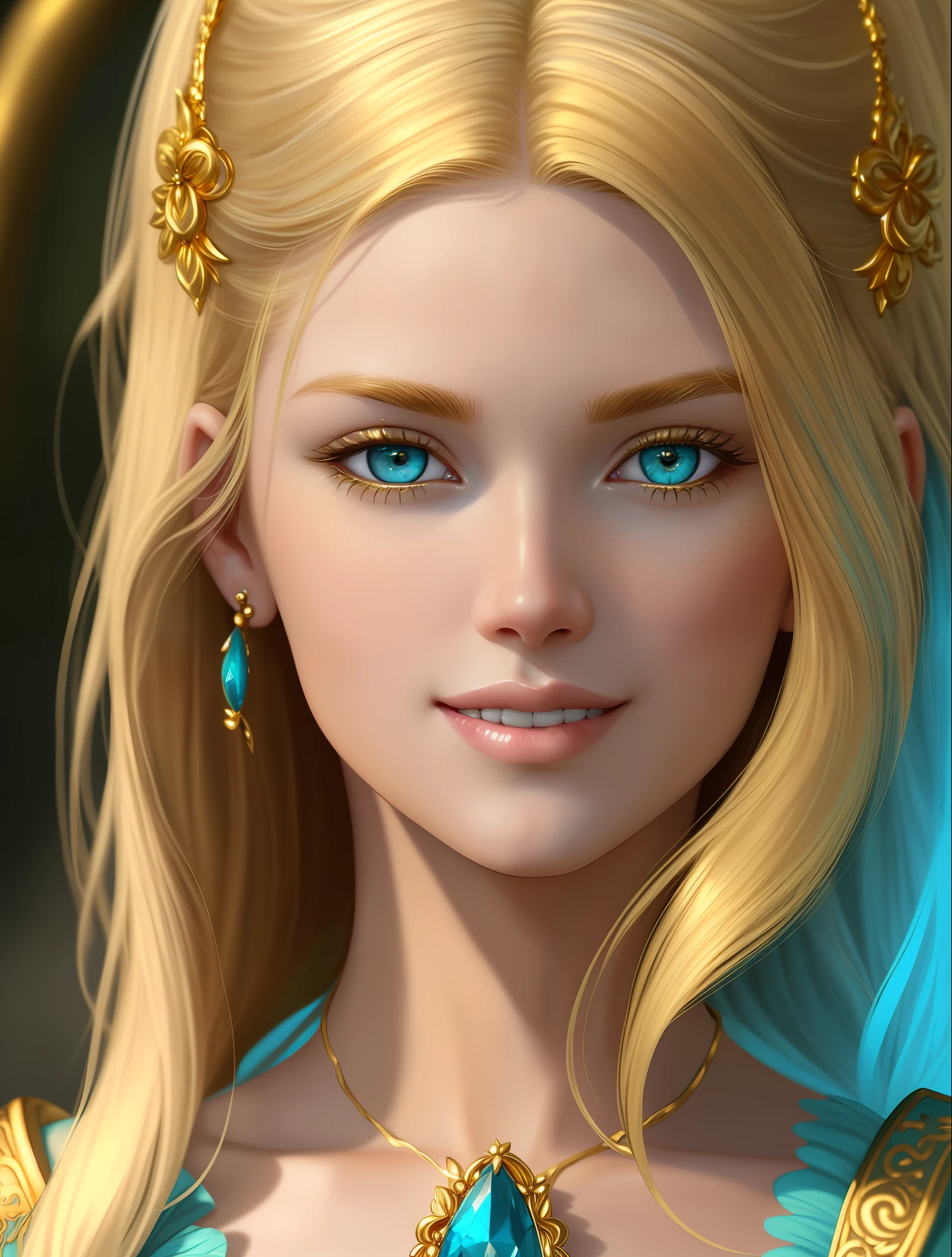 ((best quality)), ((masterpiece)), stunning young girl, ((golden hair)), turquois eyes, majestic, goddess, only face, detailed skin intricate details, highly detailed, sharp focus, digital render, professional, 8k uhd, artstation, artgerm, close look, smile, grin, one face, frontal portrait