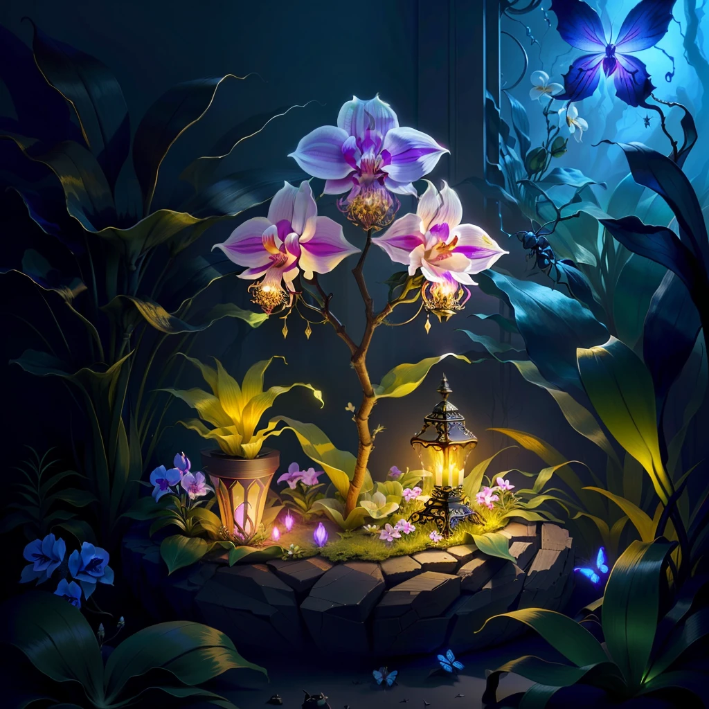 an exorcist style ant hill with beautiful orchids around and fireflies, it is surrounded by strange power,there are also some treasures around, with some magical visual effects, fantasy, ambiance hd, HDR, 4k upscalen v--4.
