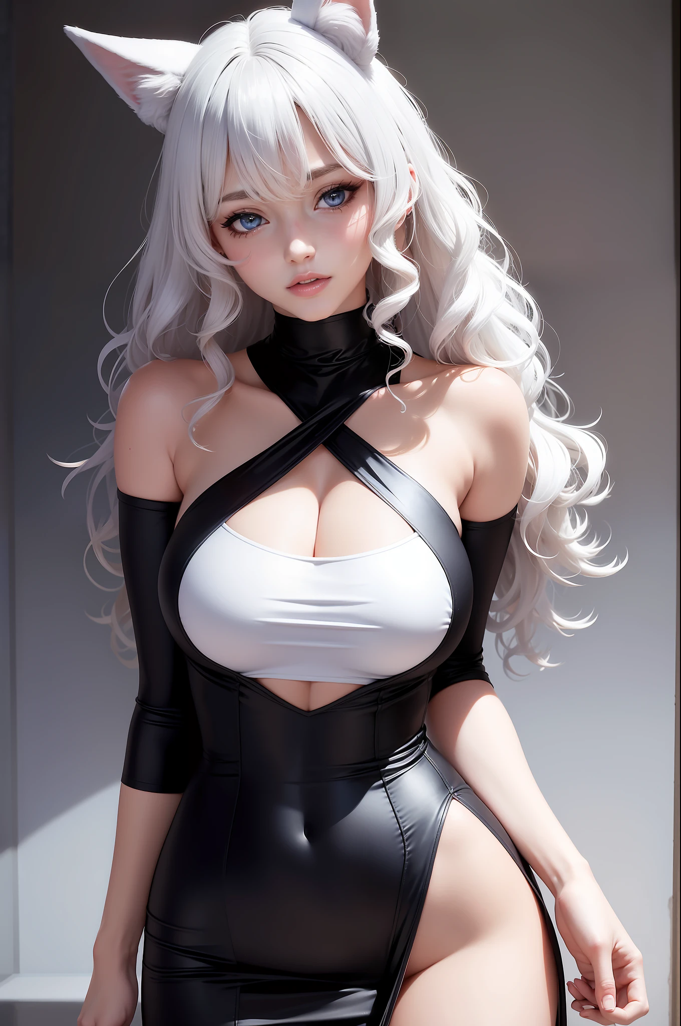 Women with ,golden curly hair,Blue eyes,white fox ears,,black tight dress