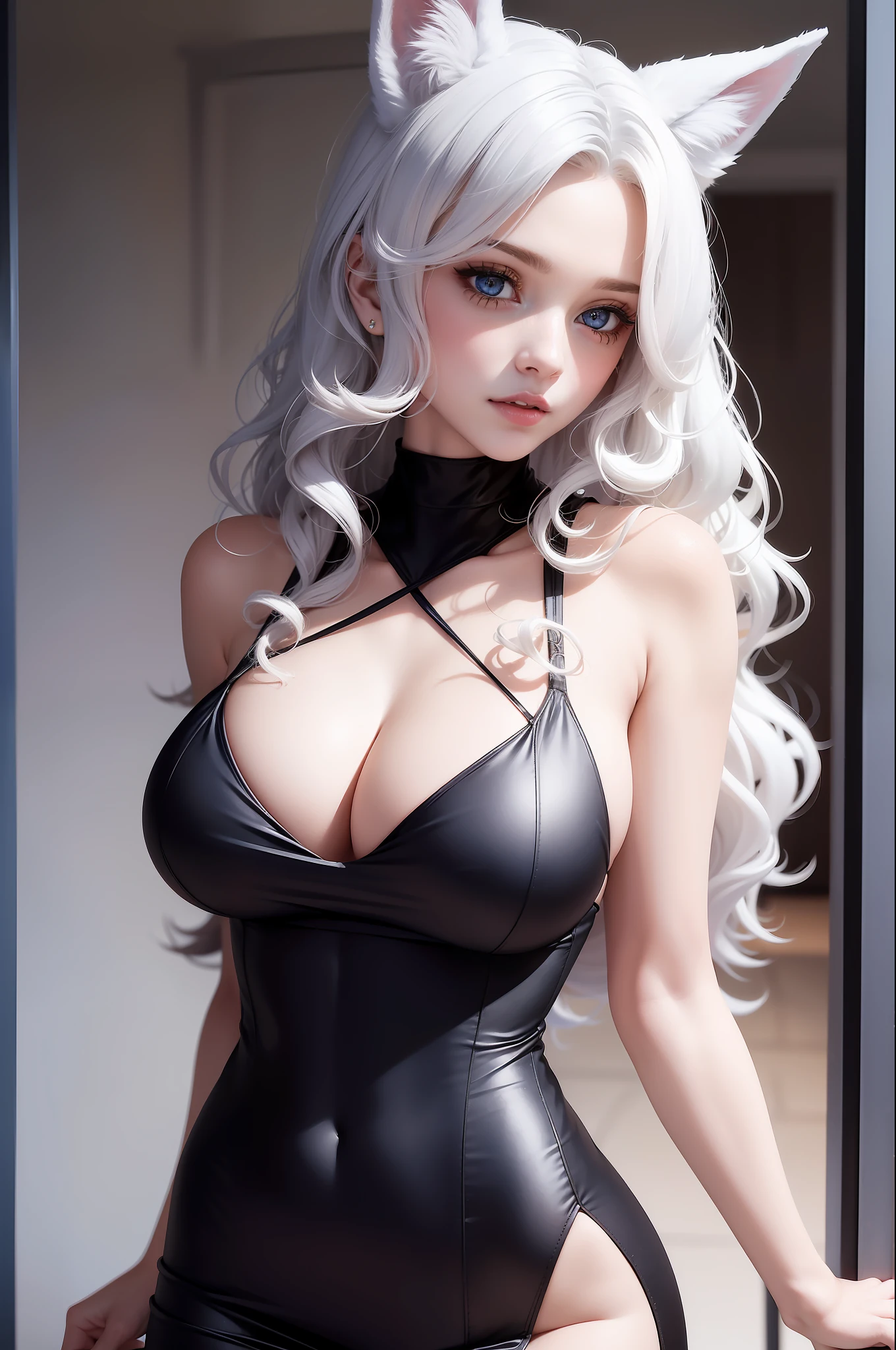 Women with ,golden curly hair,Blue eyes,white fox ears,,black tight dress