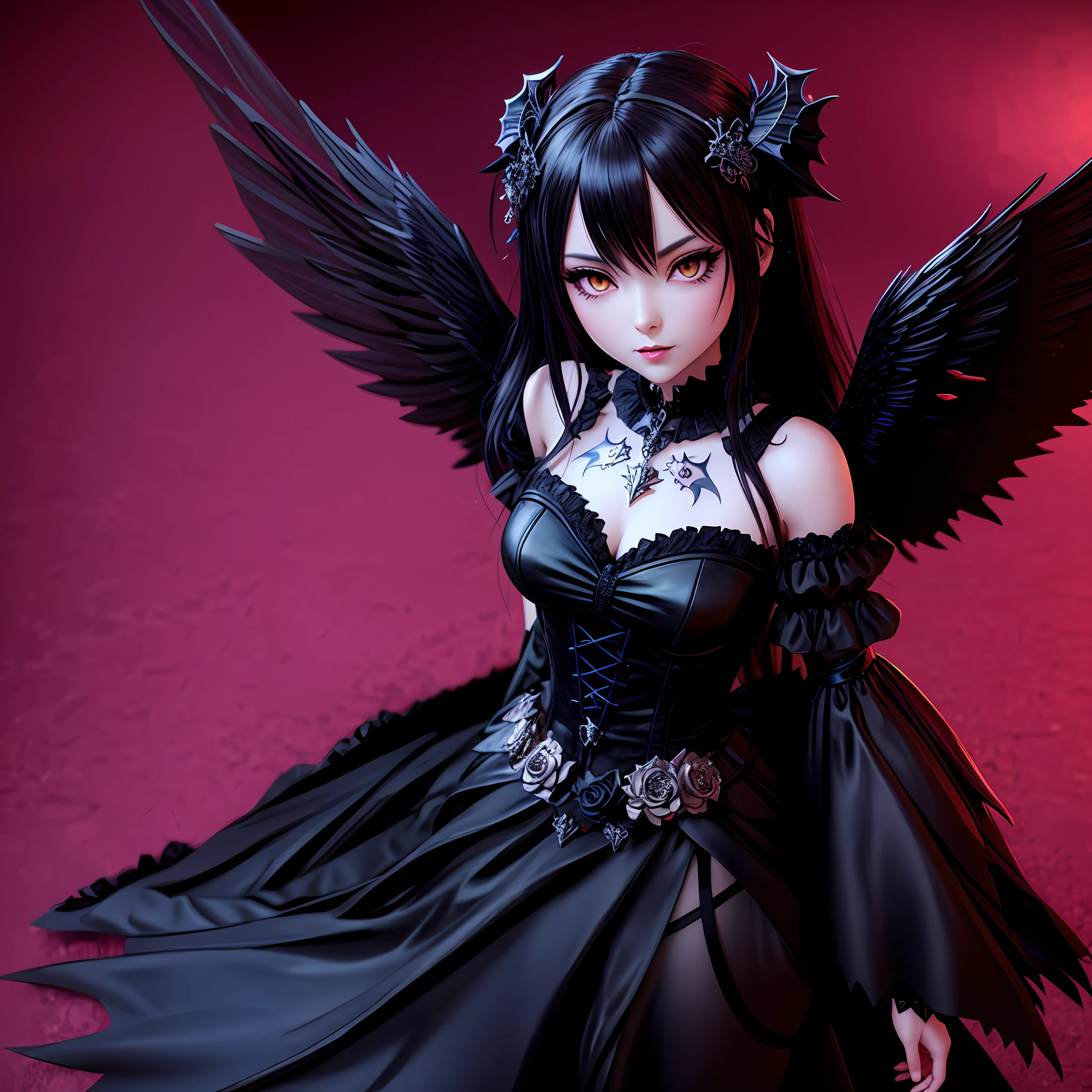 beautiful figure of a woman dressed in black with wings, villainess has black angel wings, gothic maiden anime girl, raven winged female vampire, angel knight gothic girl, anime highly detailed, 16k high quality detailed art, beautiful succubus, dark angel, anime styled 3d, 3 d render character art 16 k, ( highly detailed figure ), demon anime girl, ultradetailed light,