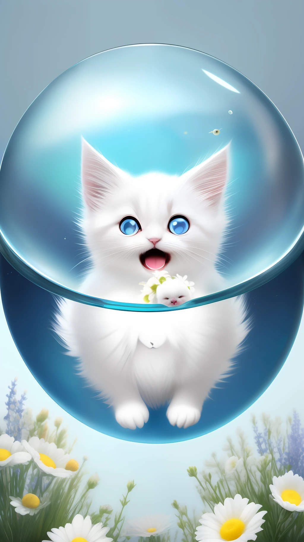A cute fluffy white-haired kitten in a sweater, big ears, big eyes, next to flowers inside a glass ball, flowers, light blue background, Morandi color, open mouth, laughing !!!, funny, (floating in space: 1.1) jubbslineart_v2