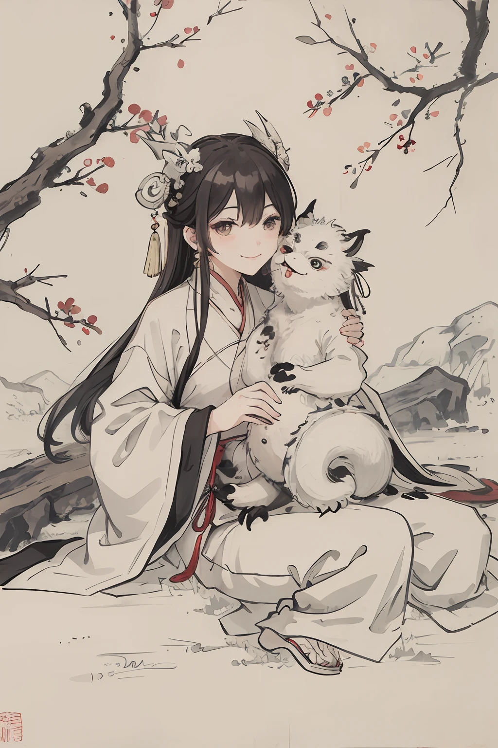 (Masterpiece, best quality: 1.2), traditional Chinese ink painting, calm, (smiling), looking at the viewer, wearing a long Hanfu, white Hanfu, a white dragon with its head hugging its chest, surrounded by a Chinese dragon,