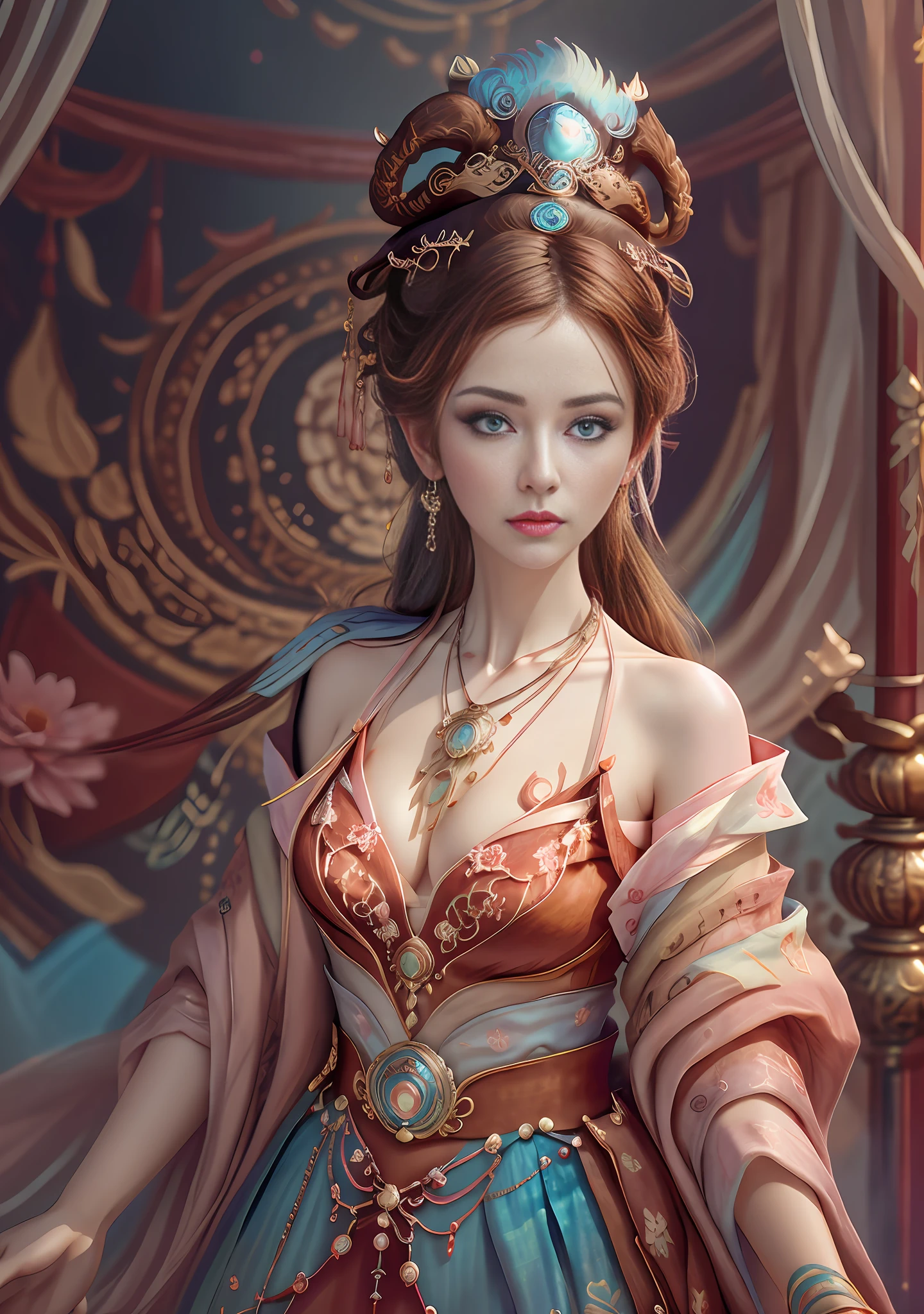 Best quality,masterpiece,ultra-detailed high res,(photorealistic:1.4),raw photo,,illustration,
1girl dancing,(solo:1.2),(cowboy shot:1.2),(hair crown:1.2),Traditional chinese dunhuang style clothes,Strapless,(red eyeliner:1.2),(big breasts:1.4), (v-neck:1.5), (big necklace:1.4), lace armour, (beautiful eyes :1.4), looking at viewer, earrings,dynamic angle,Opera House,messy_long_hair,ink,cinematic lighting,lens_flare,Velvet,chrysanthemum,Tassel,Ribbon,color embroidery, white gold pink blue violet