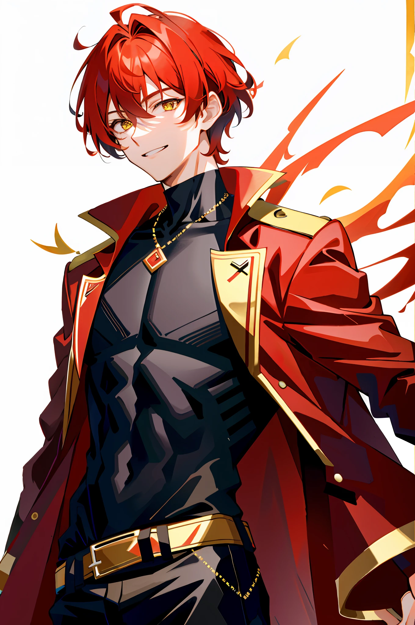 1 boy, handsome, redhead, M bangs, comma hair, comma hair on forehead, Korean hair, red coat with white background, shiny, rich color, hided, yellow eyes, smiling and looking at the audience, upper body,; A handsome redhead with unique comma hair and Korean style, wearing a black t-shirt and red jacket with a white background, his golden eyes are watching the audience