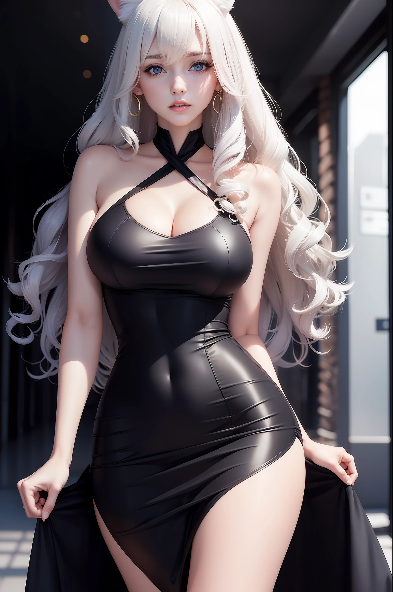 Woman with ,golden curly hair,Blue eyes,white fox ears,,black tight dress