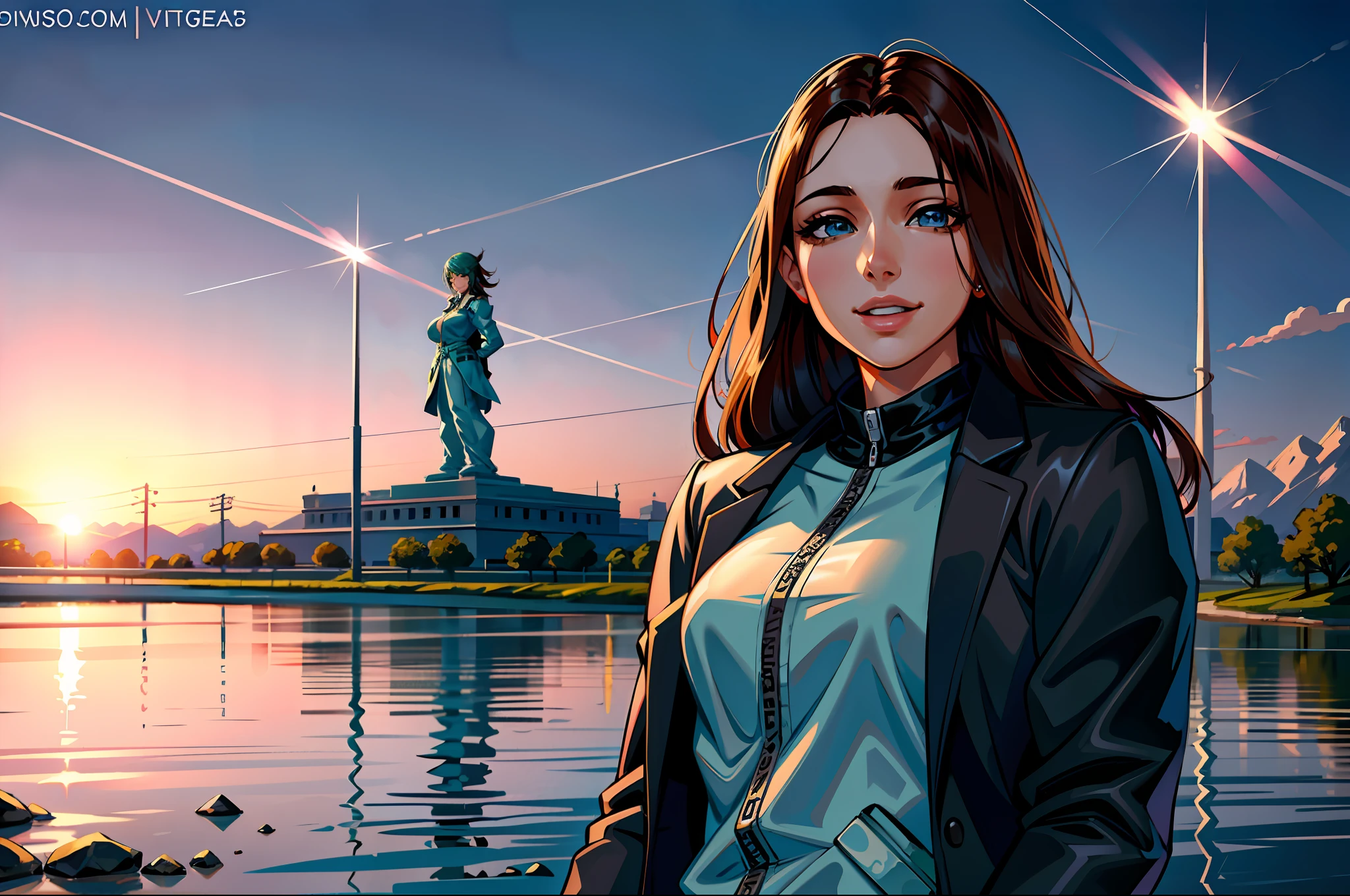 (masterpiece),(best quality:1.0), (ultra high resolution:1.0), detailed illustration, 8k, 1girl, anime girl dressed in mint jumpsuit and black jacket, smiling, detailed face, perfect face, anime eyes, detailed eyes, blue eyes, glare in the eyes, detailed hair, brown hair, hair highlights, very detailed, anime style, dim light, on the background of the statue