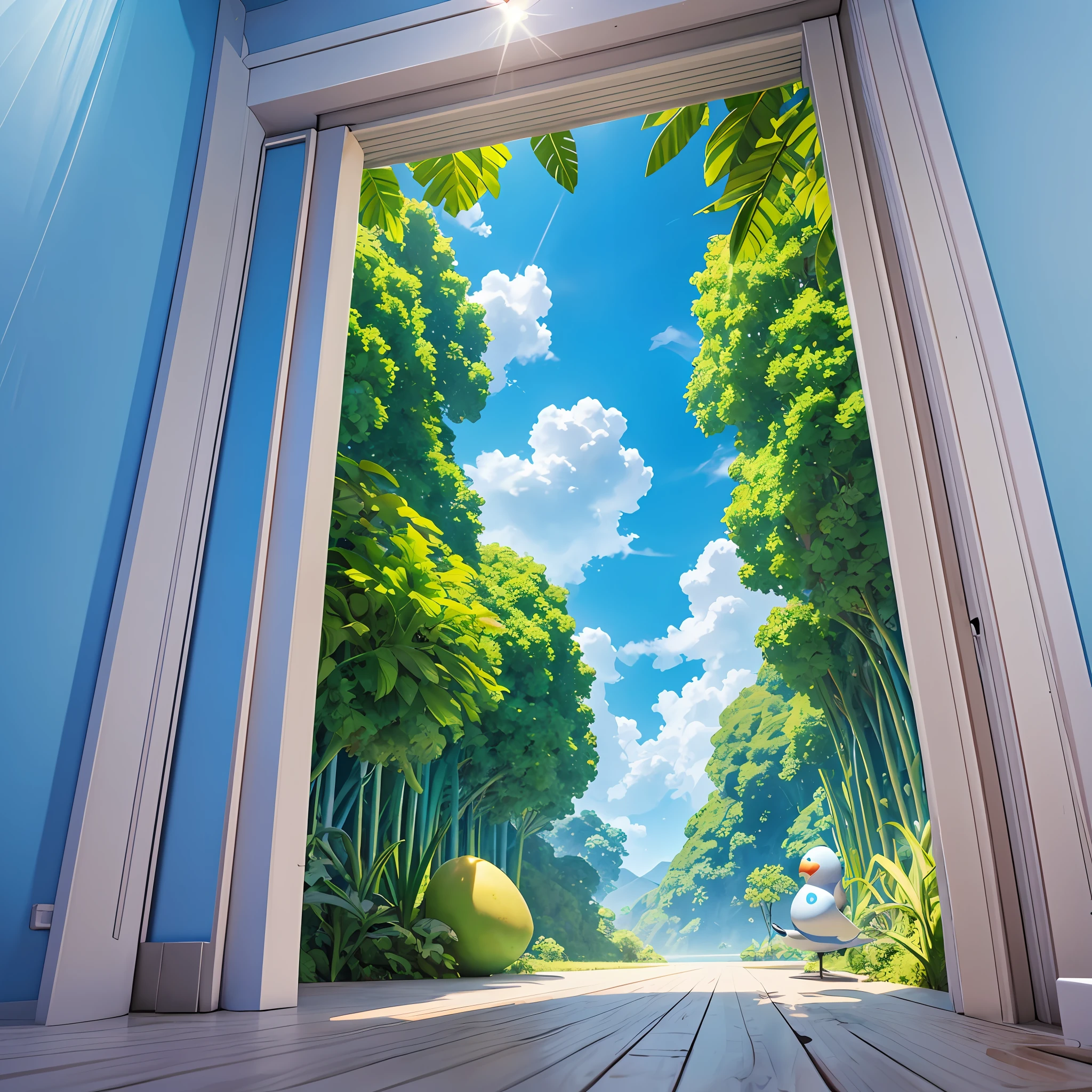 Poster, 3D, realistic, the background is blue sky and white cloud forest, huge mango in the center of the picture, movie-level light and shadow, Pixar, cartoon cute, super details, front and rear space sense is obvious, the picture should have impact