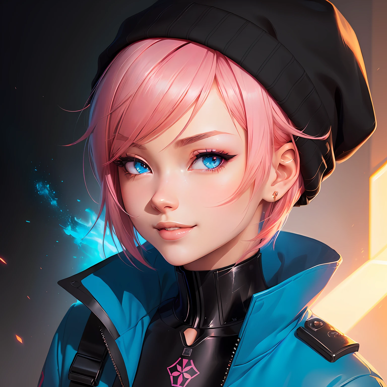 a detailed portrait of a beautiful pink haired (anime) girl, short hair, close up, wearing a blue beanie, wearing a blue jacket, black shirt collar, blue eyes, smirk smile, seductive gaze, ( neck tatoos:1.1), masterpiece, high quality, art by artgerm, sakimichan, Taejune Kim, pixiv, krenz cushart, ilya kuvshinov, Goro Fujita, Cyril Rolando, (black background), saturated colors, (sharp edges) (masterpiece, top quality, best quality)