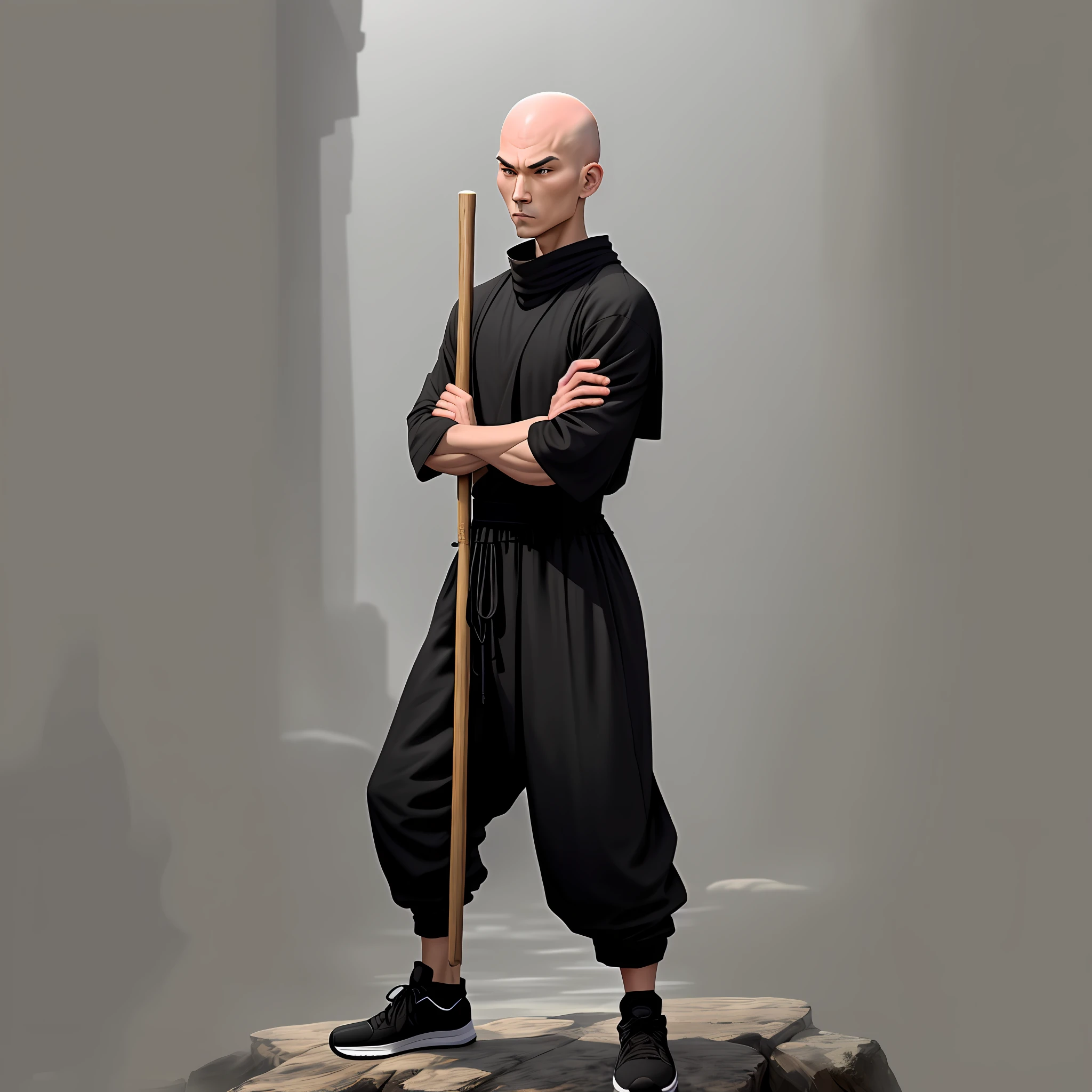 The warrior monk with a bald head stands with a wooden stick in black loose clothes and black sneakers