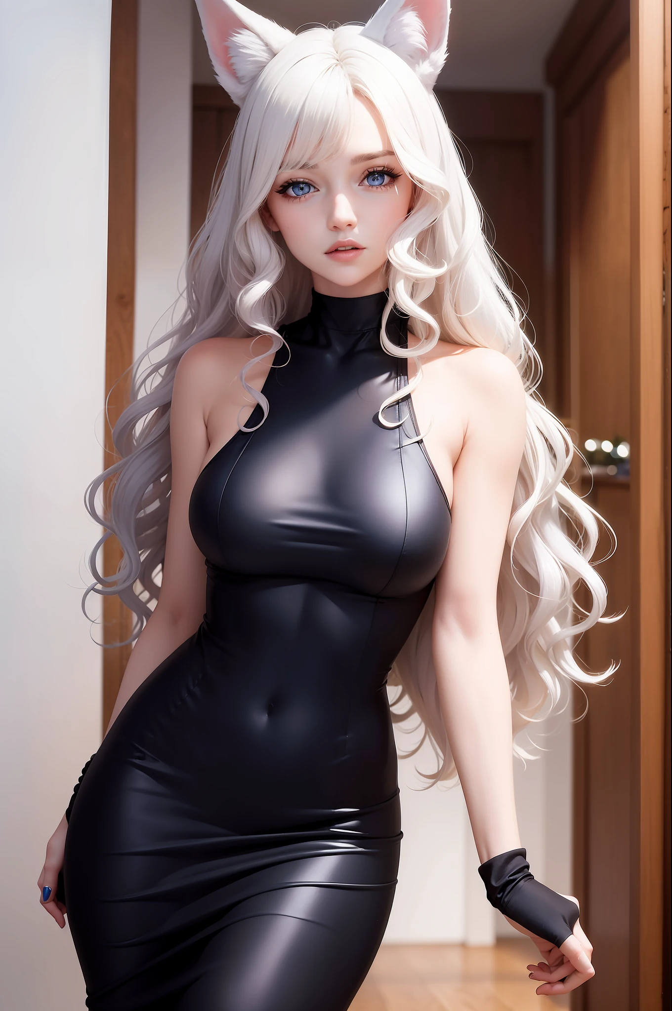 Woman with ,golden curly hair,Blue eyes,white fox ears,,black tight dress