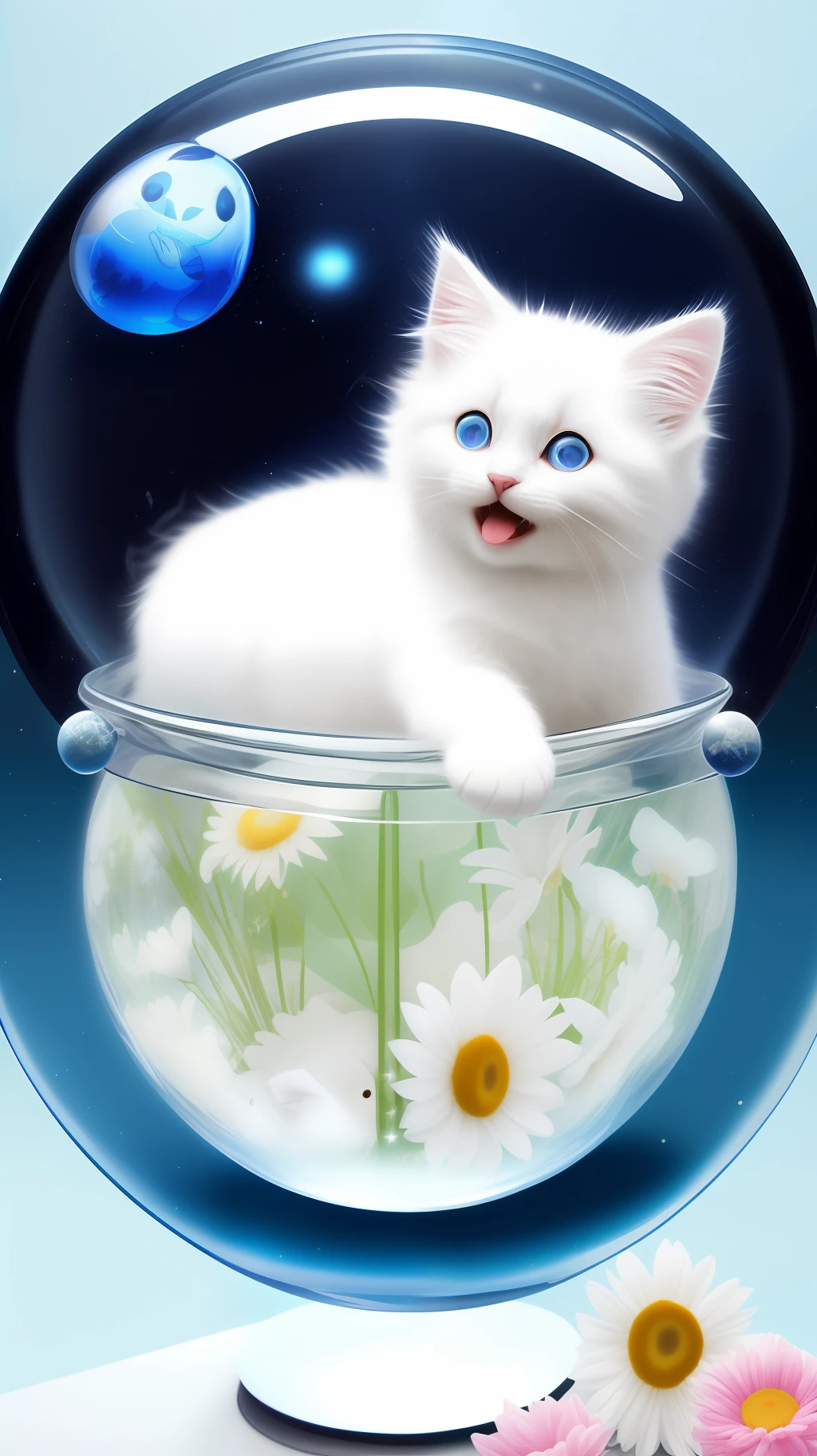 A cute fluffy white-haired kitten in a sweater, big ears, big eyes, next to flowers inside a glass ball, flowers, light blue background, Morandi color, open mouth, laughing !!!, funny, (floating in space: 1.1) jubbslineart_v2
