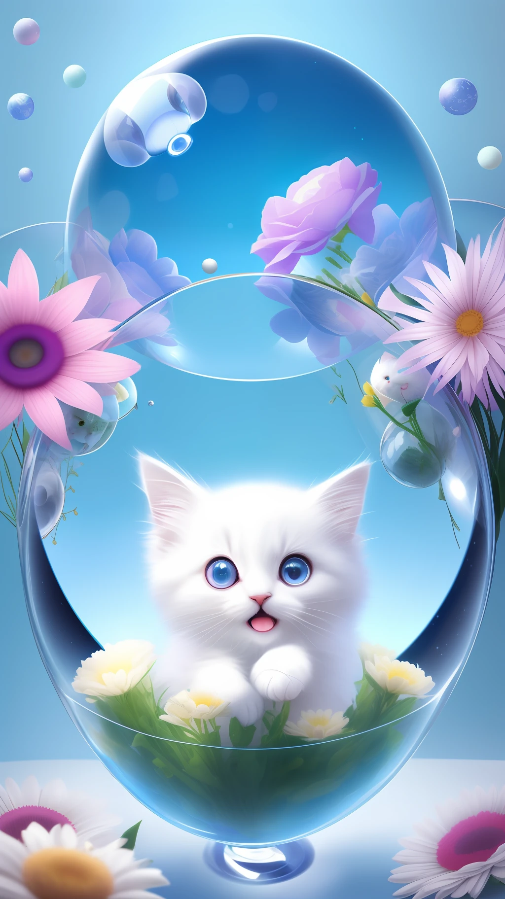 A cute fluffy white-haired kitten in a sweater, big ears, big eyes, next to flowers inside a glass ball, flowers, light blue background, Morandi color, open mouth, laughing !!!, funny, (floating in space: 1.1) jubbslineart_v2