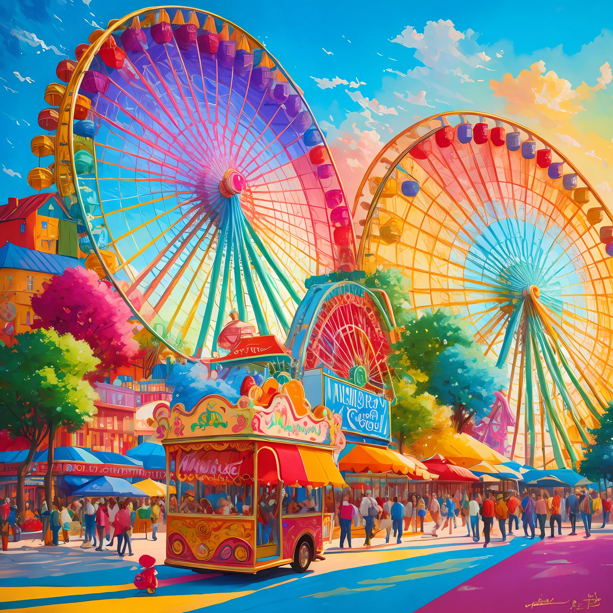 (((Best Quality))), (((Ultra Detailed))), (((Masterpiece))), Impressionist Illustration: 2, A colorful and vibrant amusement park scene including a roller coaster, giant Ferris wheel, carousel, high-quality digital artwork, detailed design, clear focus, trends on Pinterest, Instagram and Behance, perfect for travel guides and brochures, Midjourney and Greg Rutkowski's realistic paintings, bright colors, eye-catching, whimsical, interesting. --v 6