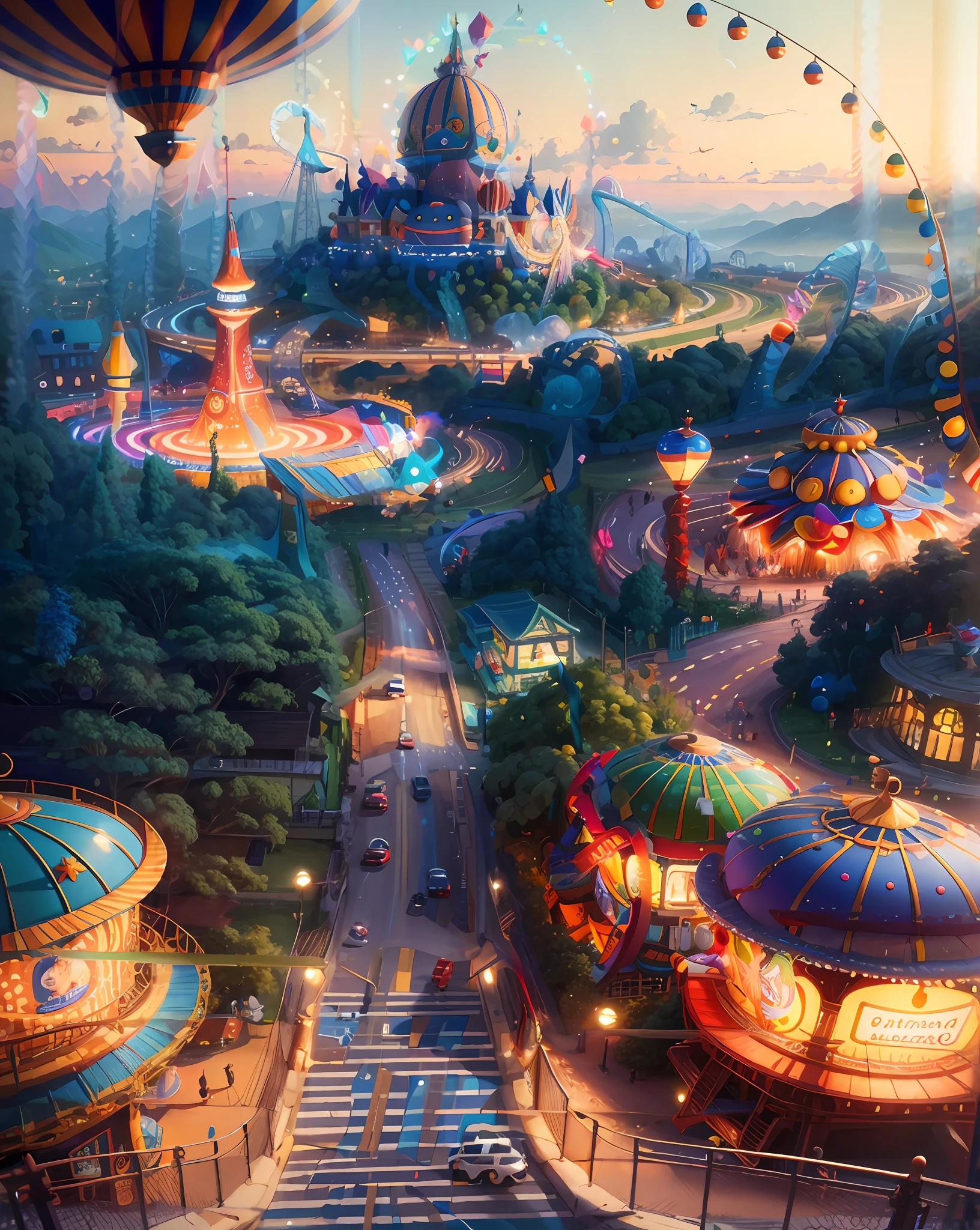 (((best quality)))), ((ultra-detailed))), (((masterpiece))), illustration, a lively amusement park, night view: 2, the ride is lit by blue, orange and yellow lights, presented in a cartoon style reminiscent of Hannah Barbera animation, fisheye lens, aerial view, adds playful distortion to the landscape of the park, perfect for editing illustrations and travel guides, high-quality digital artwork, bright colors, whimsical and fun, by Midjourney and Greg Elaborate by top artists such as Rutkowski and popular on ArtStation, CGSociety and Behance, perfect for advertising and promotion, the dramatic unity of a serene and jubilant atmosphere