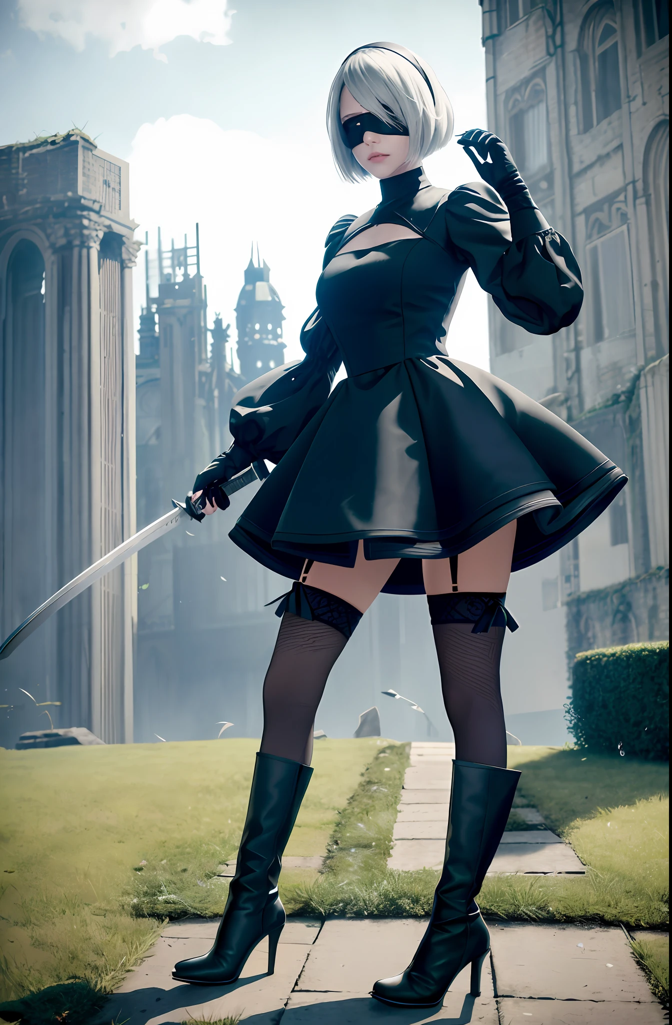 Masterpiece, (Realisticity: 1.4), Best Quality, Beautiful Lighting, Yorha Number. 2 type b, 1girl, split skirt, black eye mask, black dress, black headband, eye mask, blue sky, boots, architecture, city, clouds, blindfold, shard, openwork, dress, feather trim sleeves, feather trim, from below, gloves, grass, headbands, high heels, high heels, high resolution, juliet sleeves, katana, leather, leather boots, long sleeves, nier \ (series), nier automata, outdoor, overgrown, post-apocalypse, puddle, Fluffy sleeves, rubble, ruins, landscape, sky, boots, stockings, stockings, water RAW photos, 8k uhd, film grain