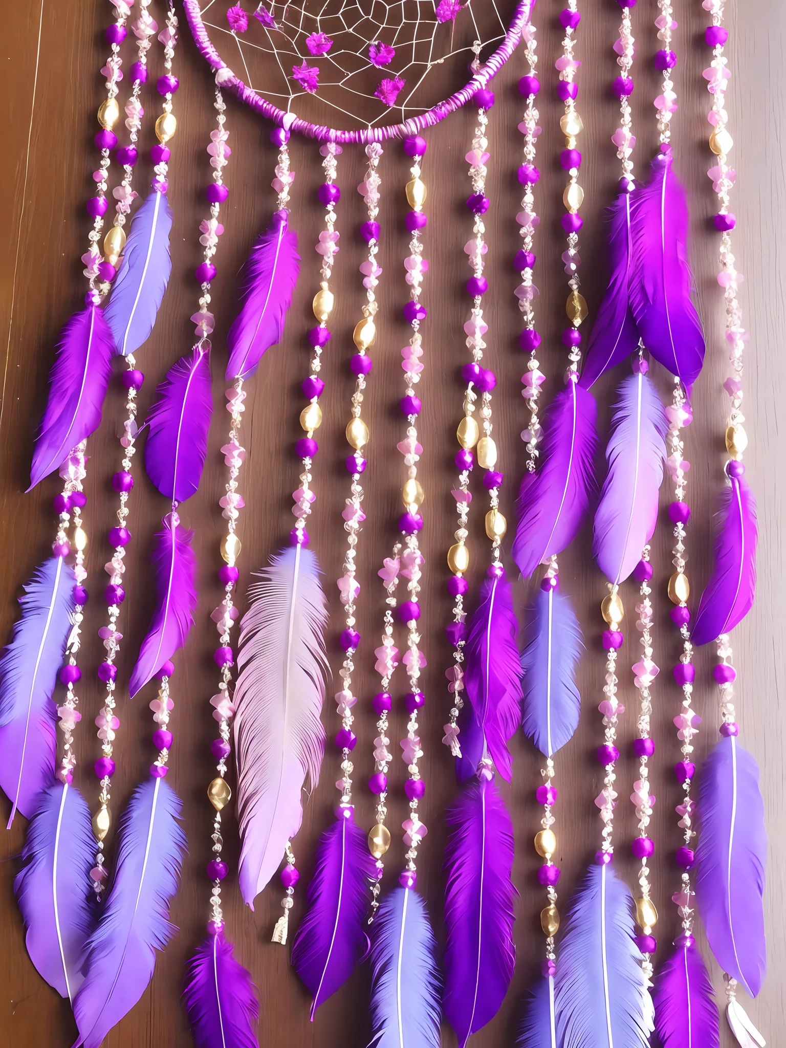 purple feathers and beads are hanging from a pink dream catcher, dreamcatcher, dreamcatchers, galactic dreamcatchers, pink feathers, purple themed, purple crystal inlays, made of felt and cloth and beads, light purple, pink color, wind chimes, fully decorated, violet spiders, purple and pink, purple, amethyst, beautiful art, decoration, hight decorated,1 girl ,chinese girl,beautiful face,full body