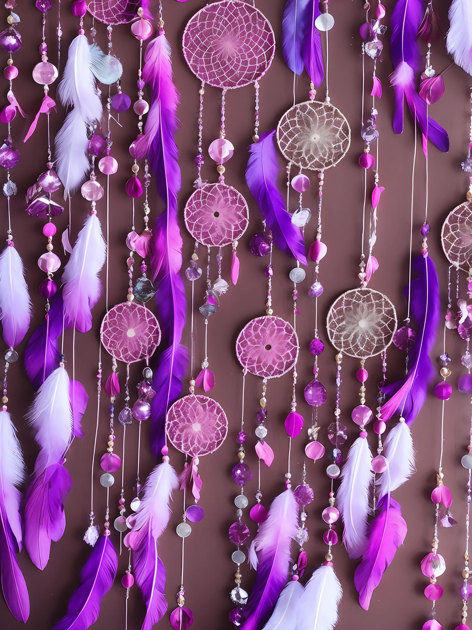 purple feathers and beads are hanging from a pink dream catcher, dreamcatcher, dreamcatchers, galactic dreamcatchers, pink feathers, purple themed, purple crystal inlays, made of felt and cloth and beads, light purple, pink color, wind chimes, fully decorated, violet spiders, purple and pink, purple, amethyst, beautiful art, decoration, hight decorated,1 girl ,chinese girl,beautiful face,full body