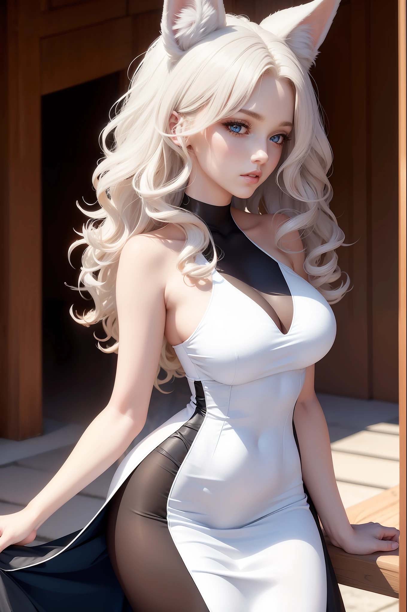 Woman with ,golden curly hair,Blue eyes,white fox ears,,black tight dress