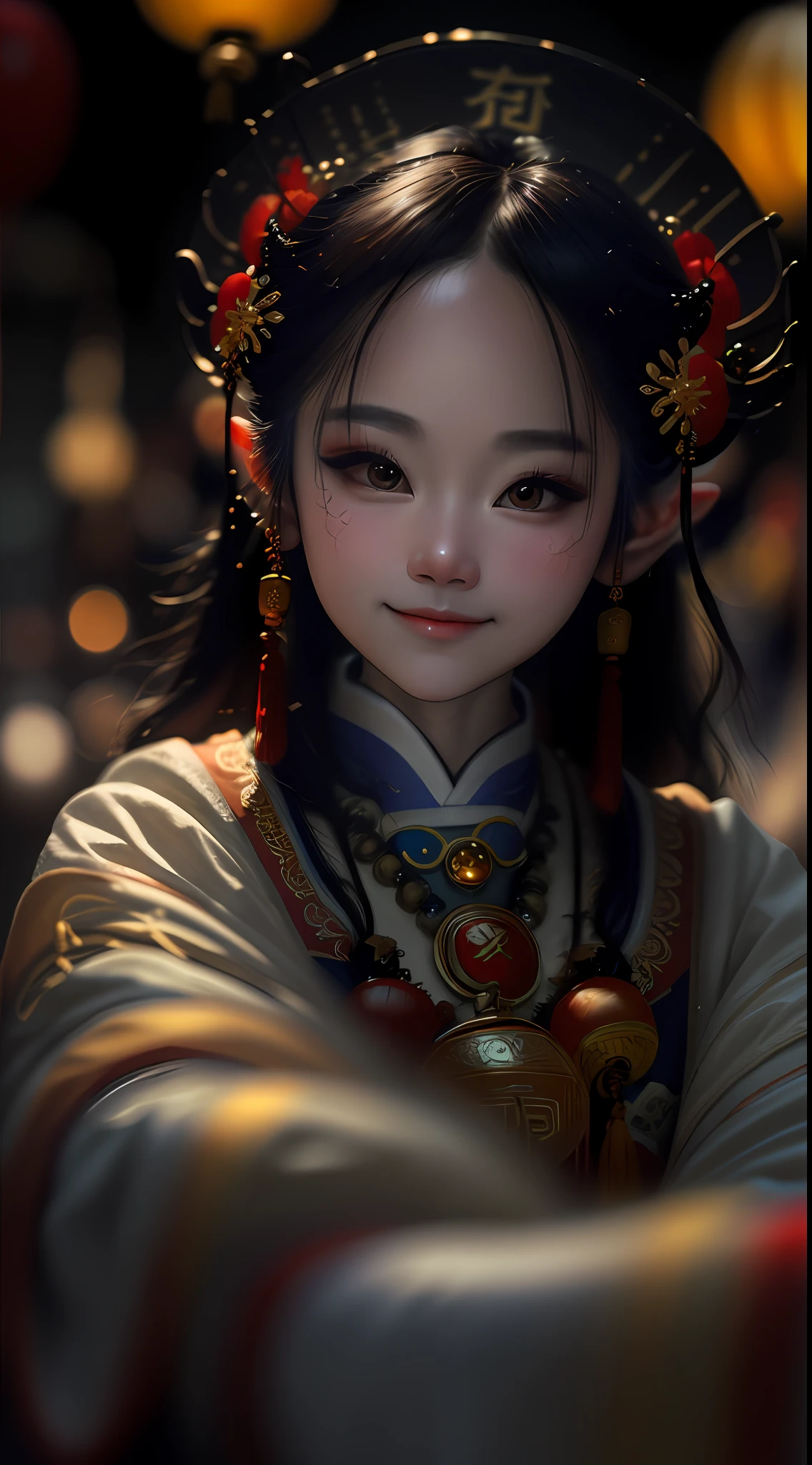 Look to the Viewport, Superb Masterpiece, High Resolution, Photographic Art, (Enchanting Smile x0.8), Star Pupil, ((Chinese Hanfu)), Hair Accessories, Necklaces, Jewelry, Beauty, on_body, Tyndall Effect, Lens Correction, Realistic, Shadow Room, Highlight Edge, Two-tone Lighting, (High Detail Skin 1.2), 8K UHD, DSLR, Soft Light, High Quality, Volume Lighting, Candid Photo, Memorial Photo, High Resolution, 4K, 8K, Background Blur.