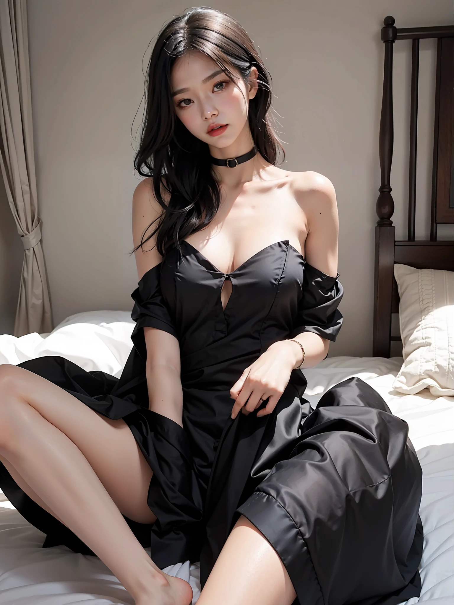 Black silk, upturned legs, bare shoulders, collarbones, on the bed