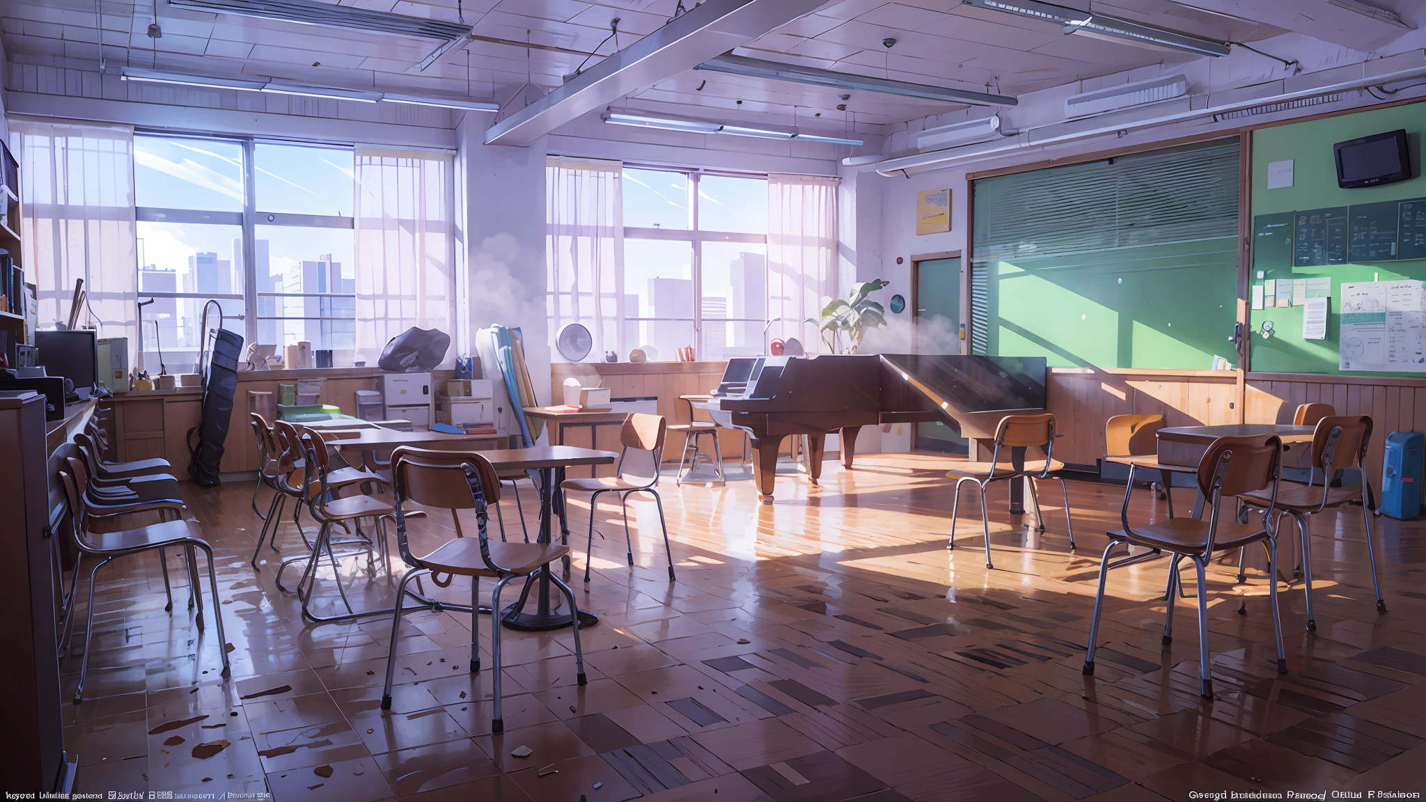 Shinkai Makoto style, Miyazaki style, interior scene, cool color, sunlight penetration, two-dimensional scene, school, library, floor, table, chair, classroom, desk and chair staggered arrangement, there is a close-up, medium, far-range, low saturation, low contrast