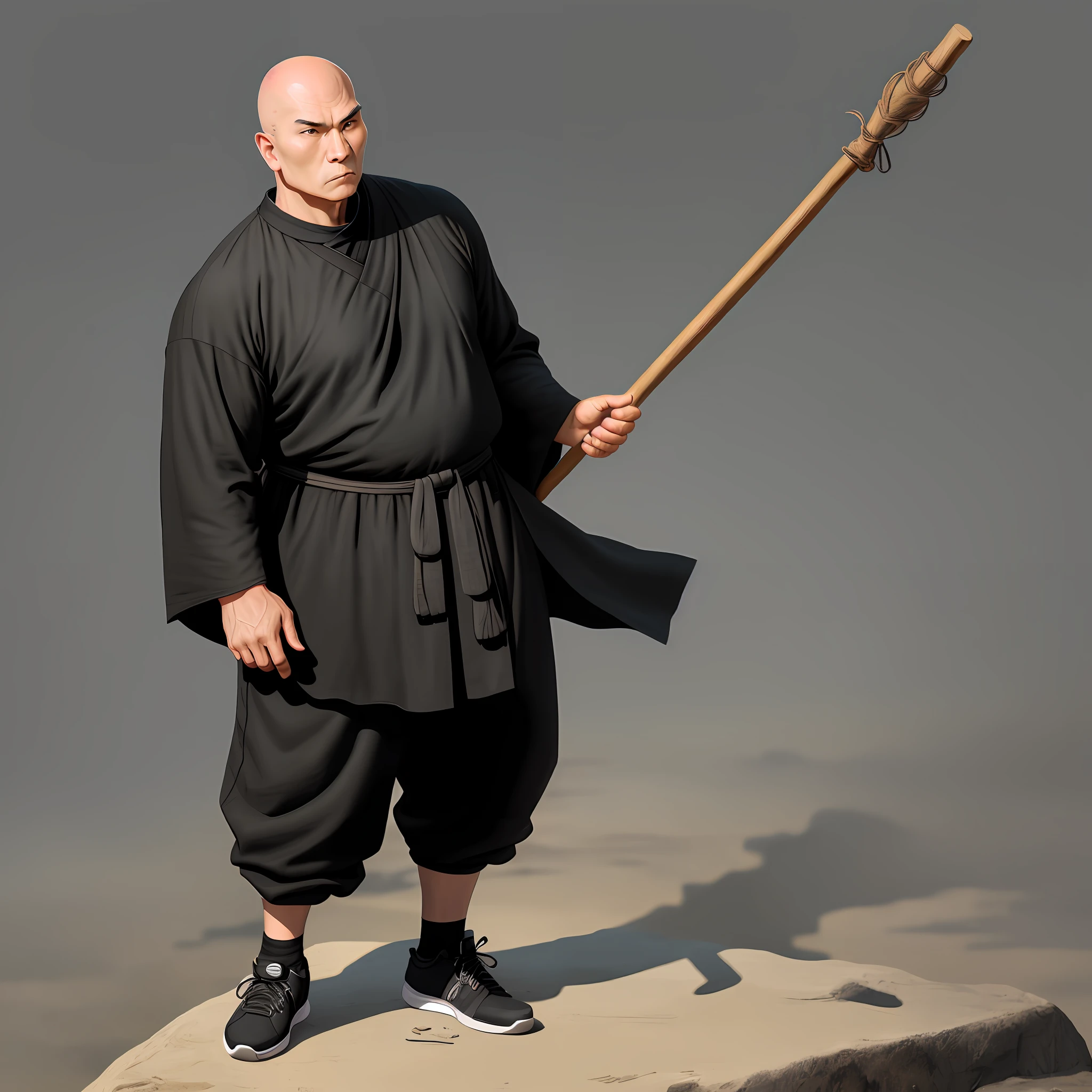 Forty-year-old male warrior monk, bald head, wearing black loose clothes, black loose cropped pants, holding a long stick in his right hand, slightly chubby face, black sneakers