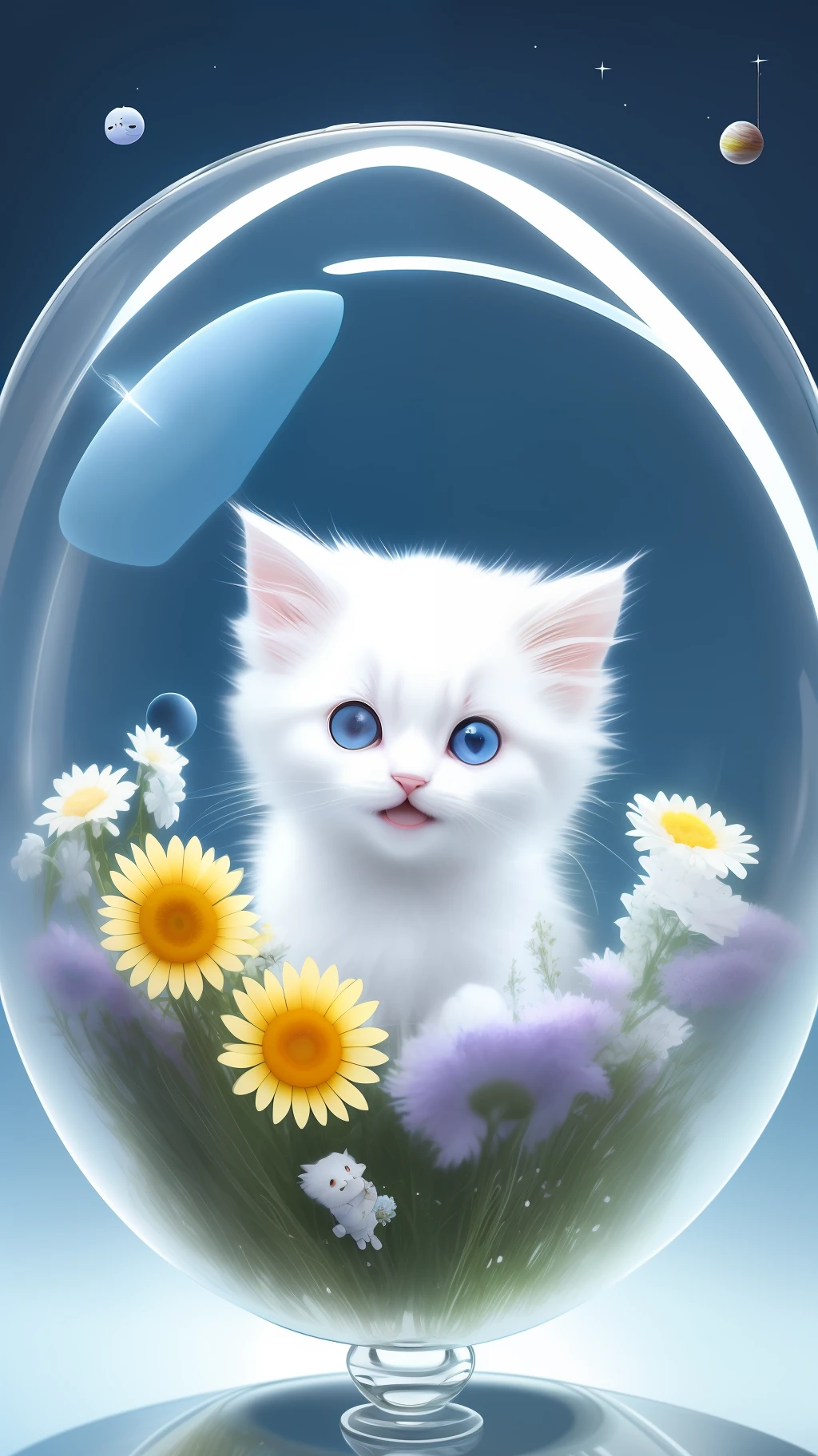 A cute fluffy white-haired kitten in a sweater, big ears, big eyes, next to flowers inside a large glass ball, flowers, light blue background, Morandi colors, open mouth, laughing !!!, funny, (floating in space: 1.1) jubbslineart_v2