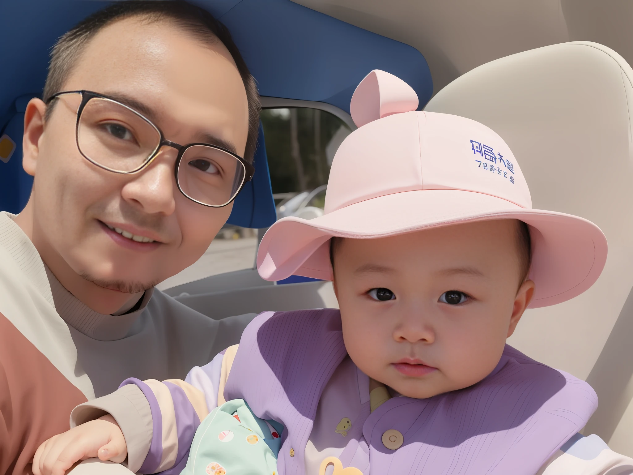 there is a man and a baby that are sitting together, caring fatherly wide forehead, with a kid, yanjun chengt, xintong chen, taken with sony alpha 9, wearing a cute hat, shot with iphone 1 0, sunny day time, 3 2 years old, zmonzheng, jaeyeon nam, li zixin, 3 6 years old